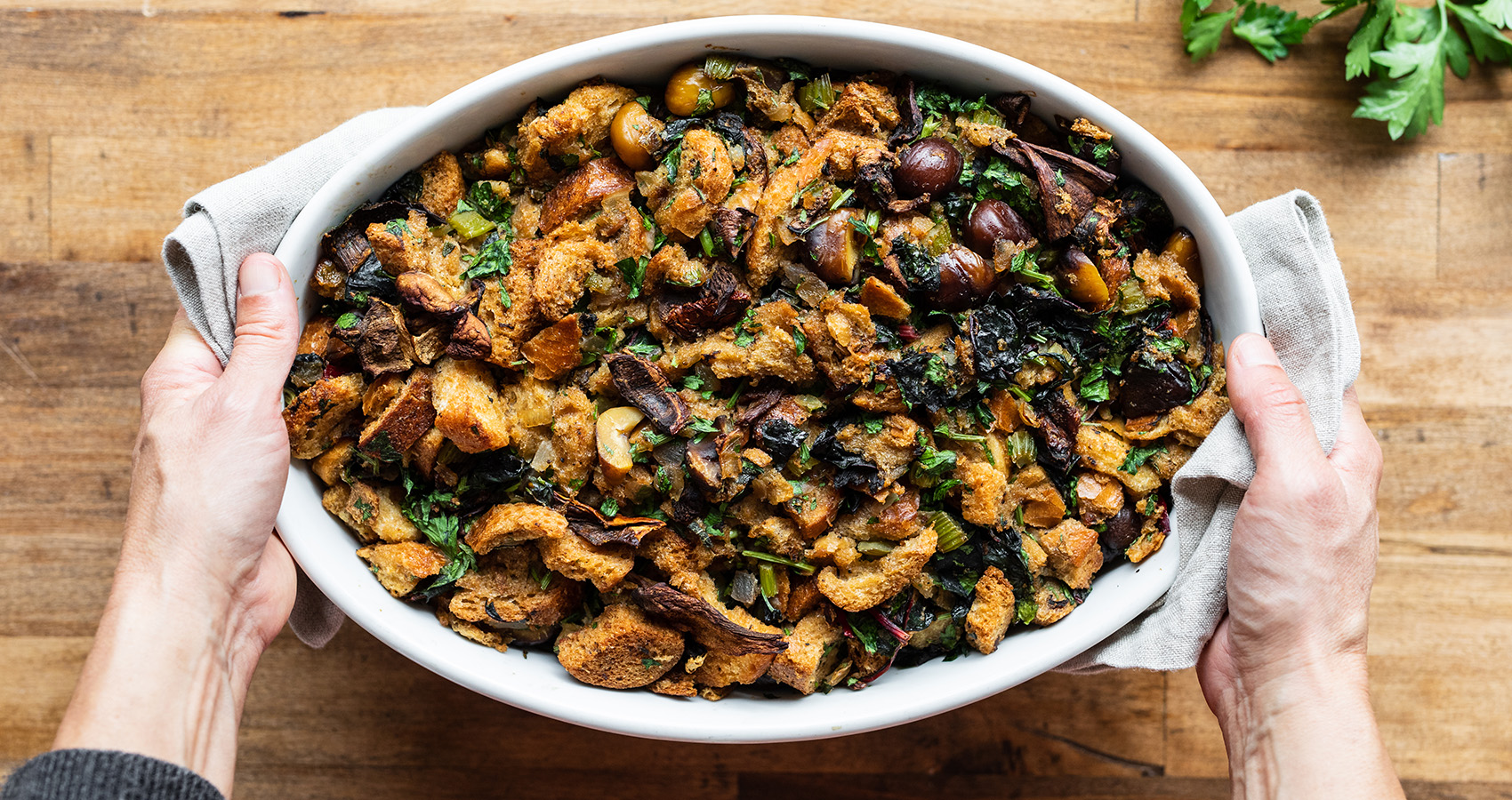 Rustic Bread Stuffing with Chard and Chestnuts