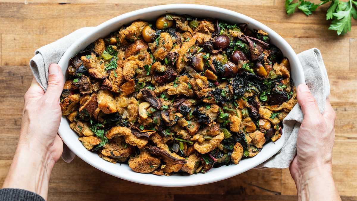Rustic Bread Stuffing with Chard and Chestnuts