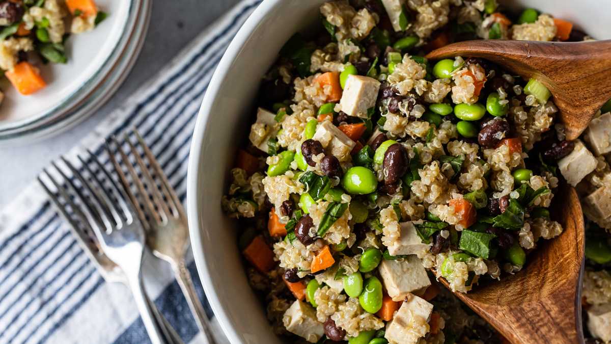 Quinoa Salad with Black Beans, Edamame and Tofu