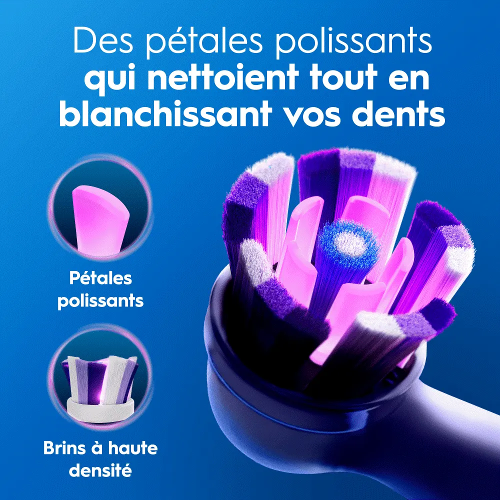 Brosse à dents électrique avec brins roses et violets, mettant en avant les pétales polissants et brins haute densité pour nettoyer et blanchir.