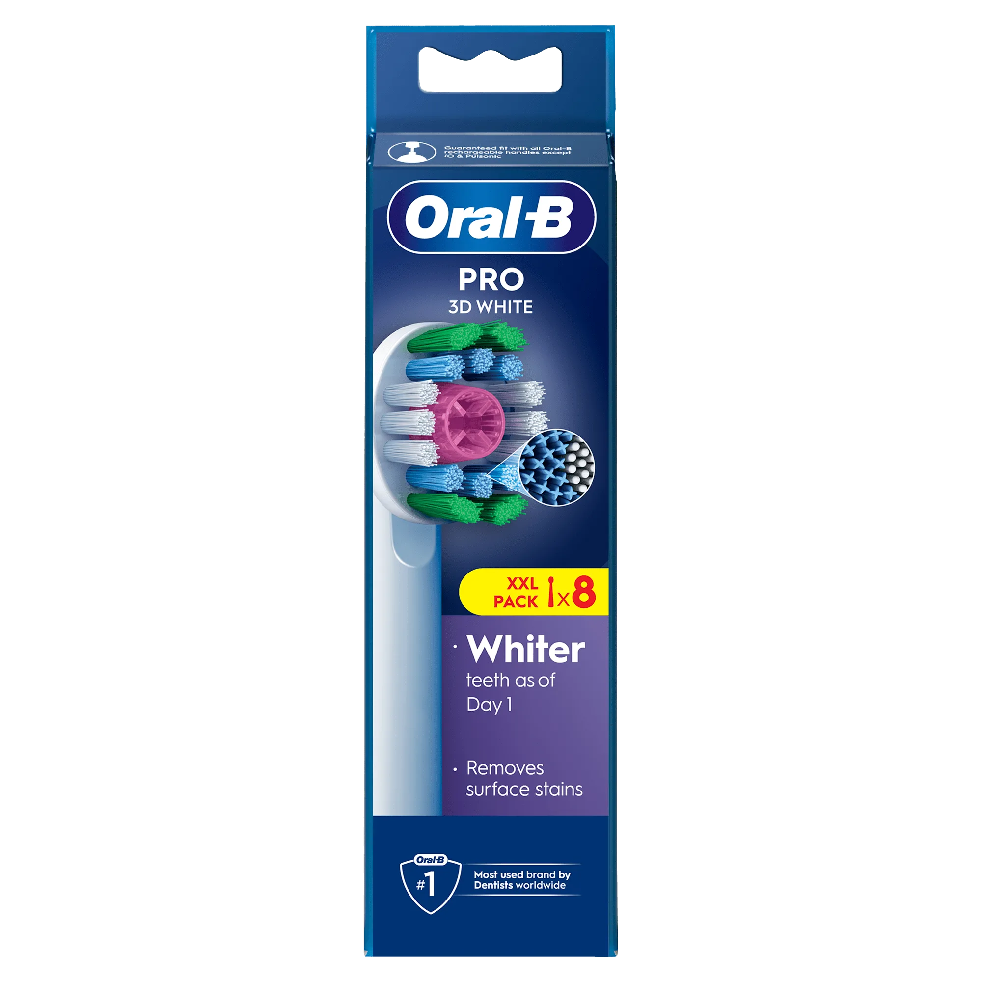 Oral-B Pro 3D White, pack XXL de 8 brossettes, promettant des dents plus blanches dès le premier jour.