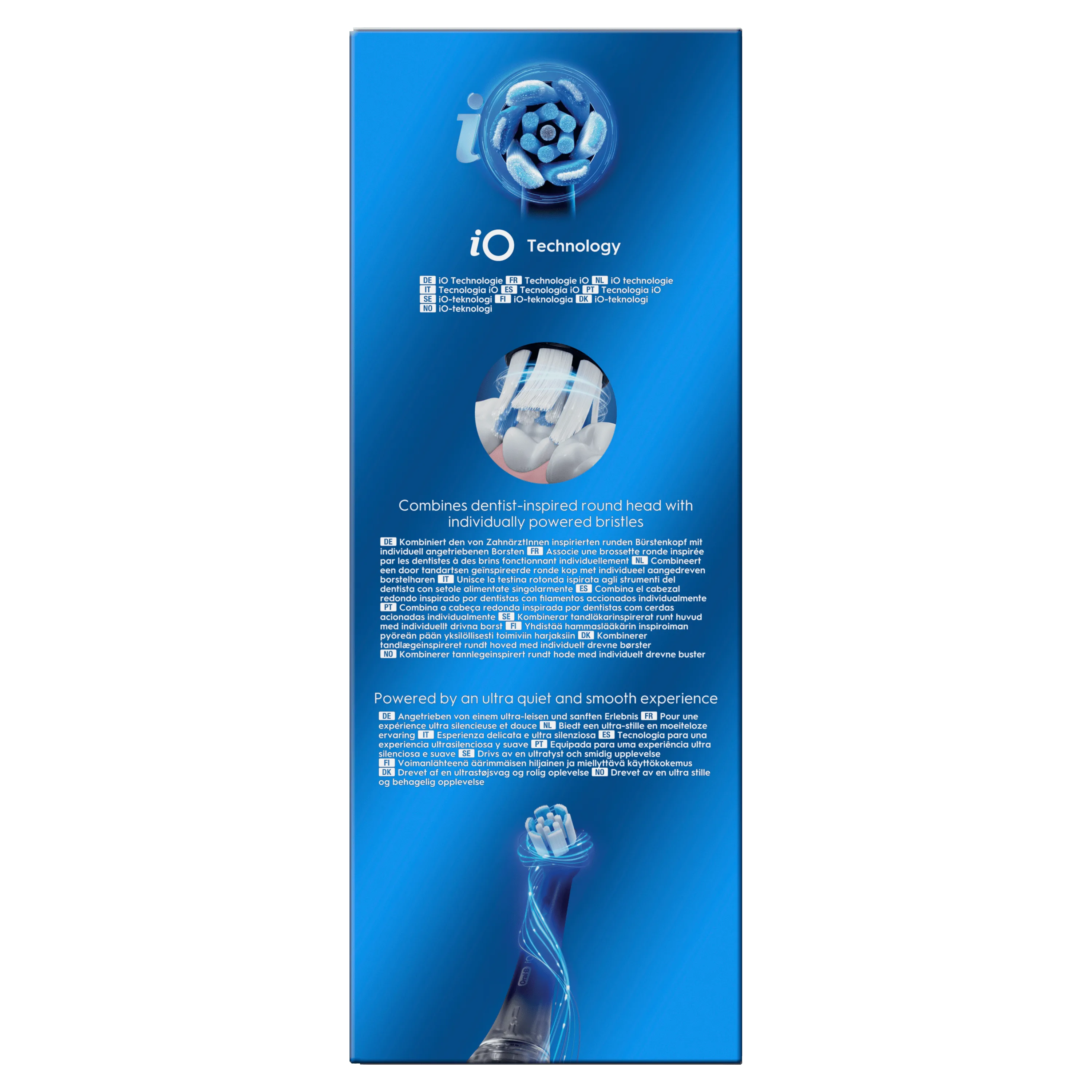 Oral-B iO technologie, associant une brossette ronde inspirée par les dentistes à des brins fonctionnant individuellement.
