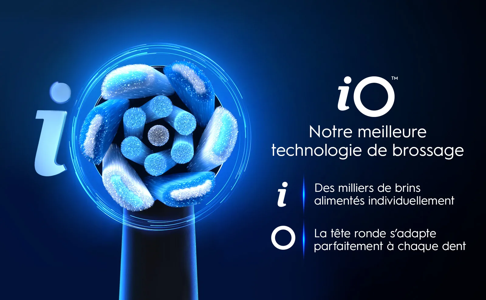 Tête de brosse à dents iO avec technologie avancée de brins bleus sur fond lumineux bleu. 