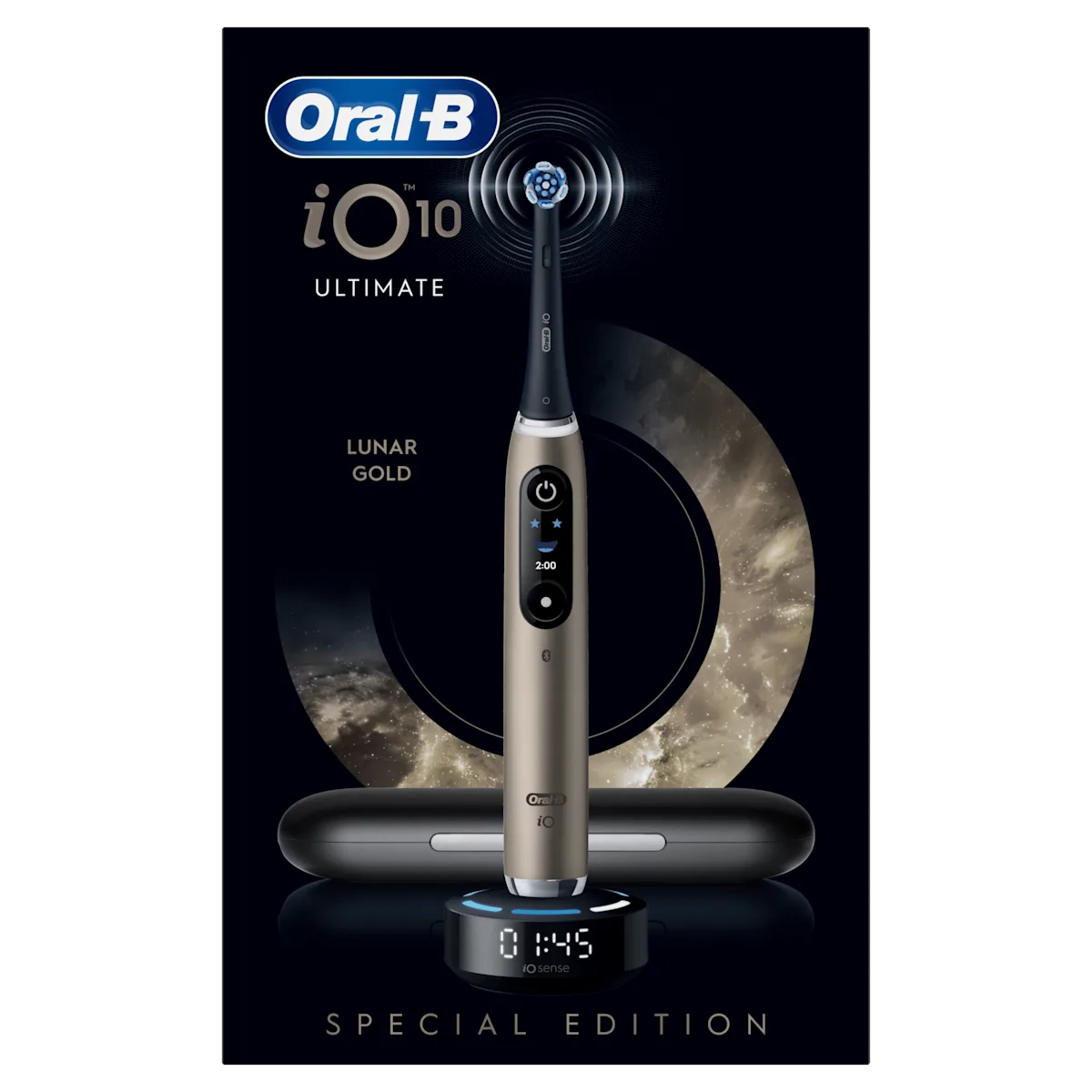 Brosse à dents Oral-B iO 10 Ultimate édition spéciale, couleur Lunar Gold, avec son chargeur et son écran de suivi du brossage.