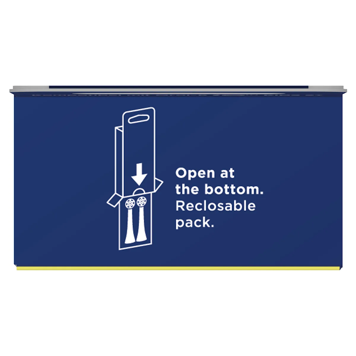 Oral-B: instructions d’ouverture par le bas de l’emballage reclosable pour brossettes.