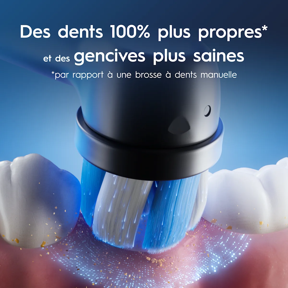 Brosse à dents électrique Oral-B iO procurant 100% de dents plus propreset des gencives plus saines qu'avec une brosse à dents manuelle classique.