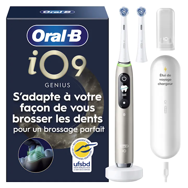 Oral-B iO9 Genius, s’adapte au brossage, 2 brossettes et étui chargeur.