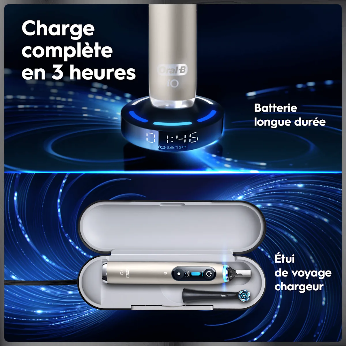 Brosse à dents Oral-B: station de charge illuminée, charge en 3h, batterie longue durée, étui voyage chargeur