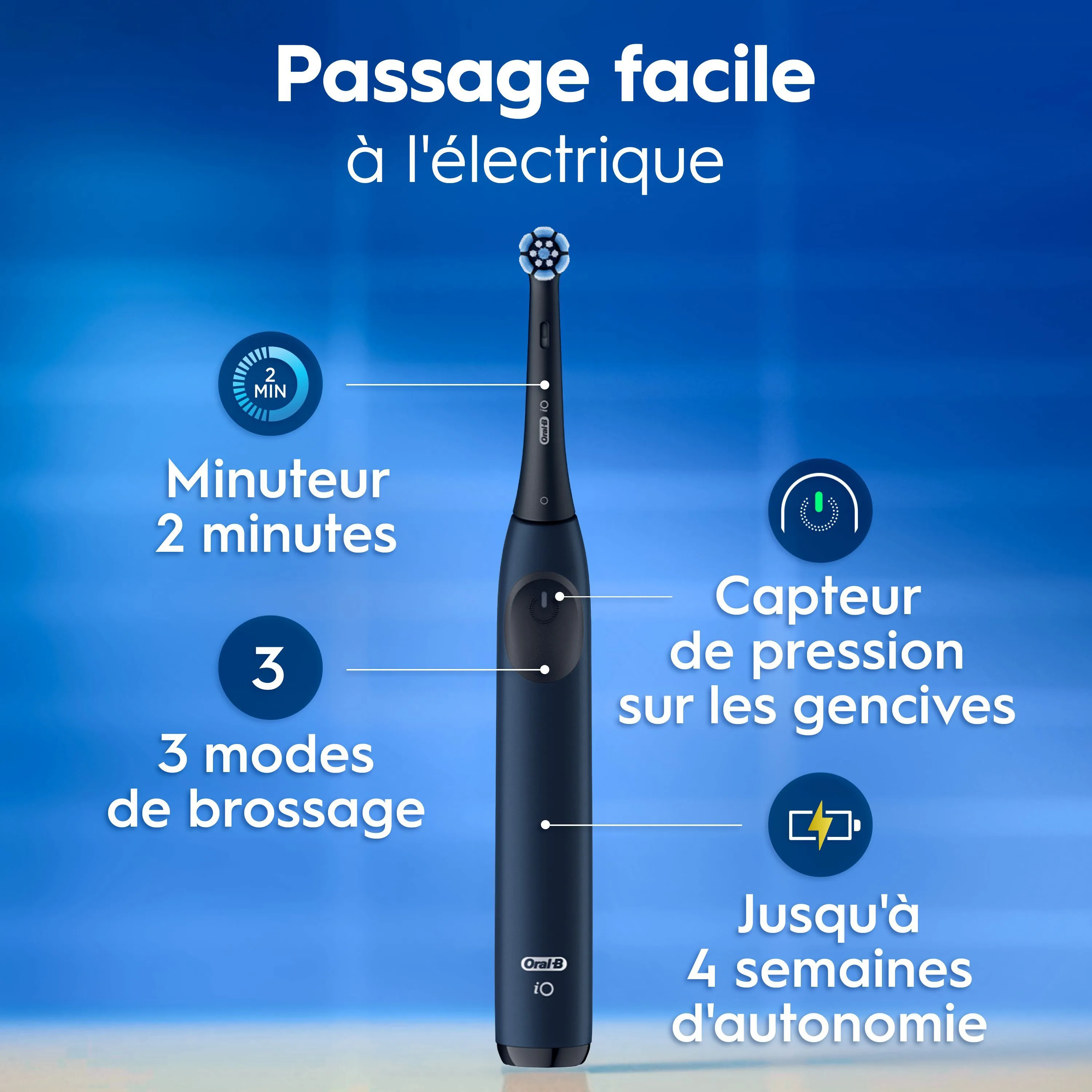 Oral-B iO brosse à dents électrique présentant ses fonctionnalités.