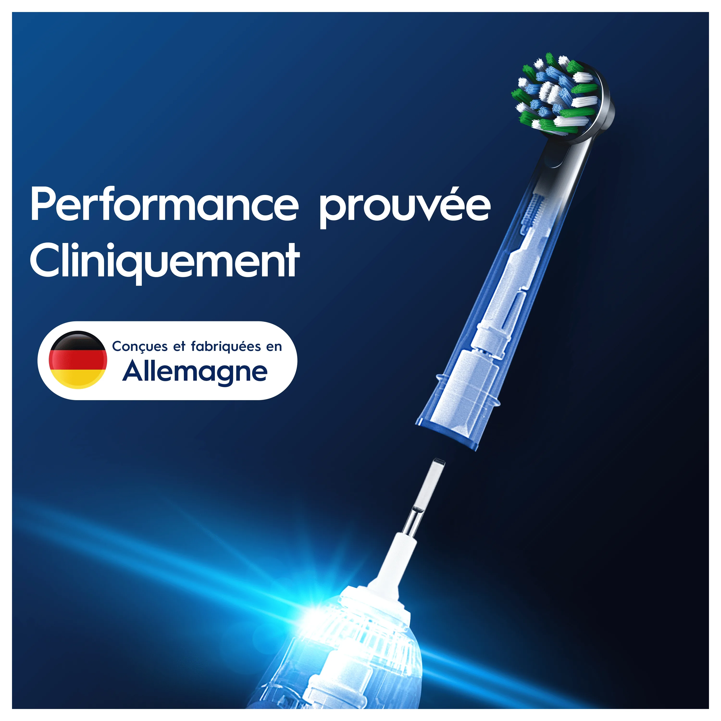 Brosse à dents Oral-B démontrant une performance cliniquement prouvée et conçue et fabriquée en Allemagne.