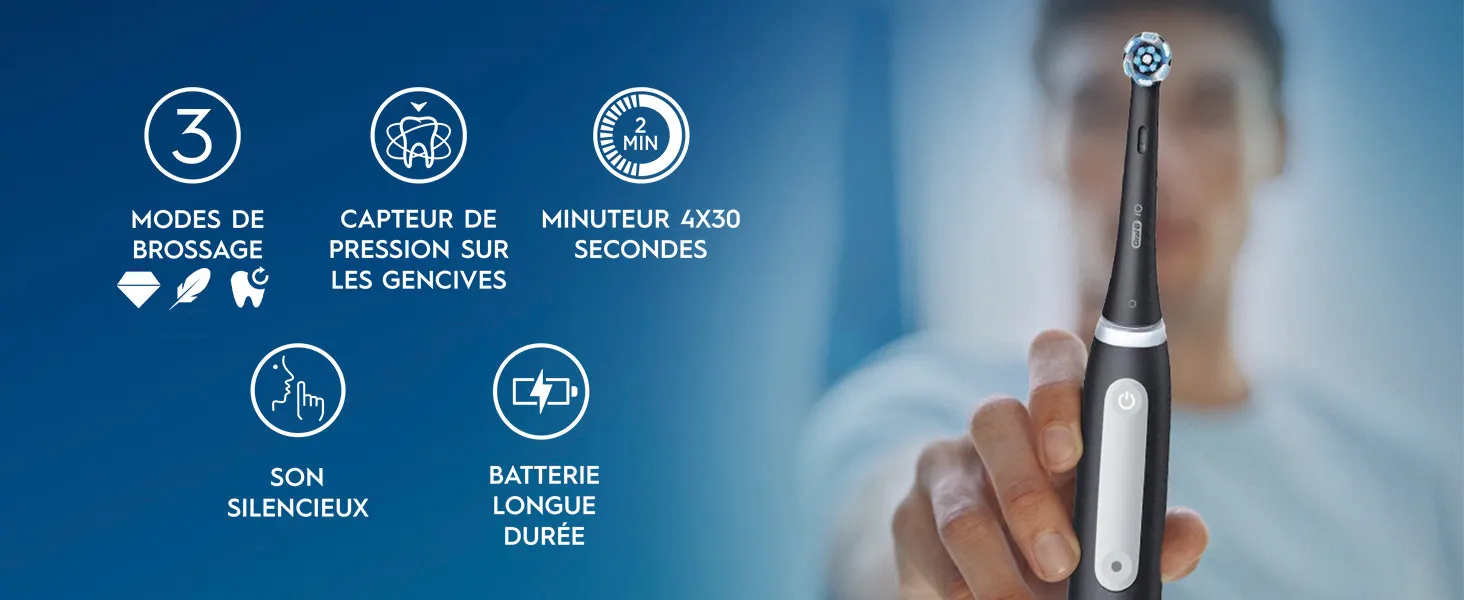 Brosse à dents Oral‑B iO 3 avec fonctions principales illustrées.