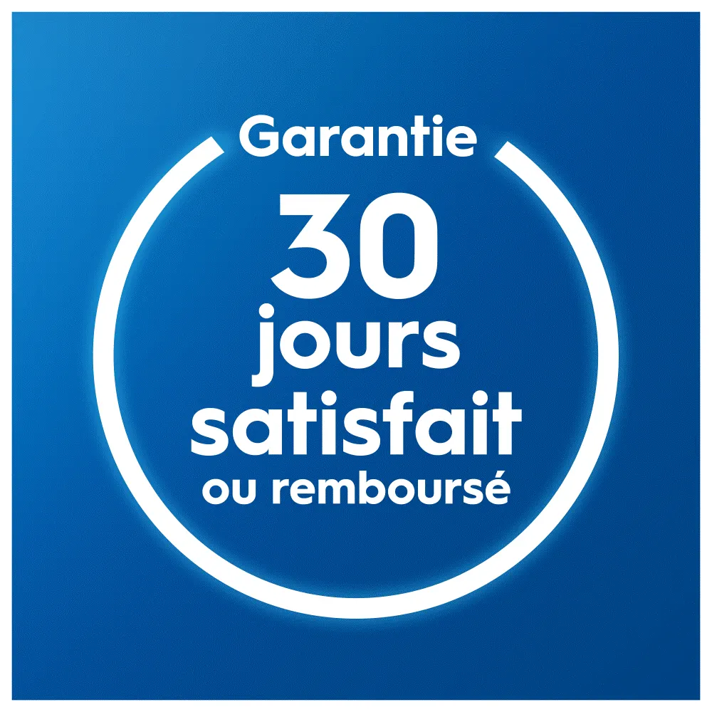 Garantie 30 jours satisfait ou remboursé sur fond bleu avec cercle blanc