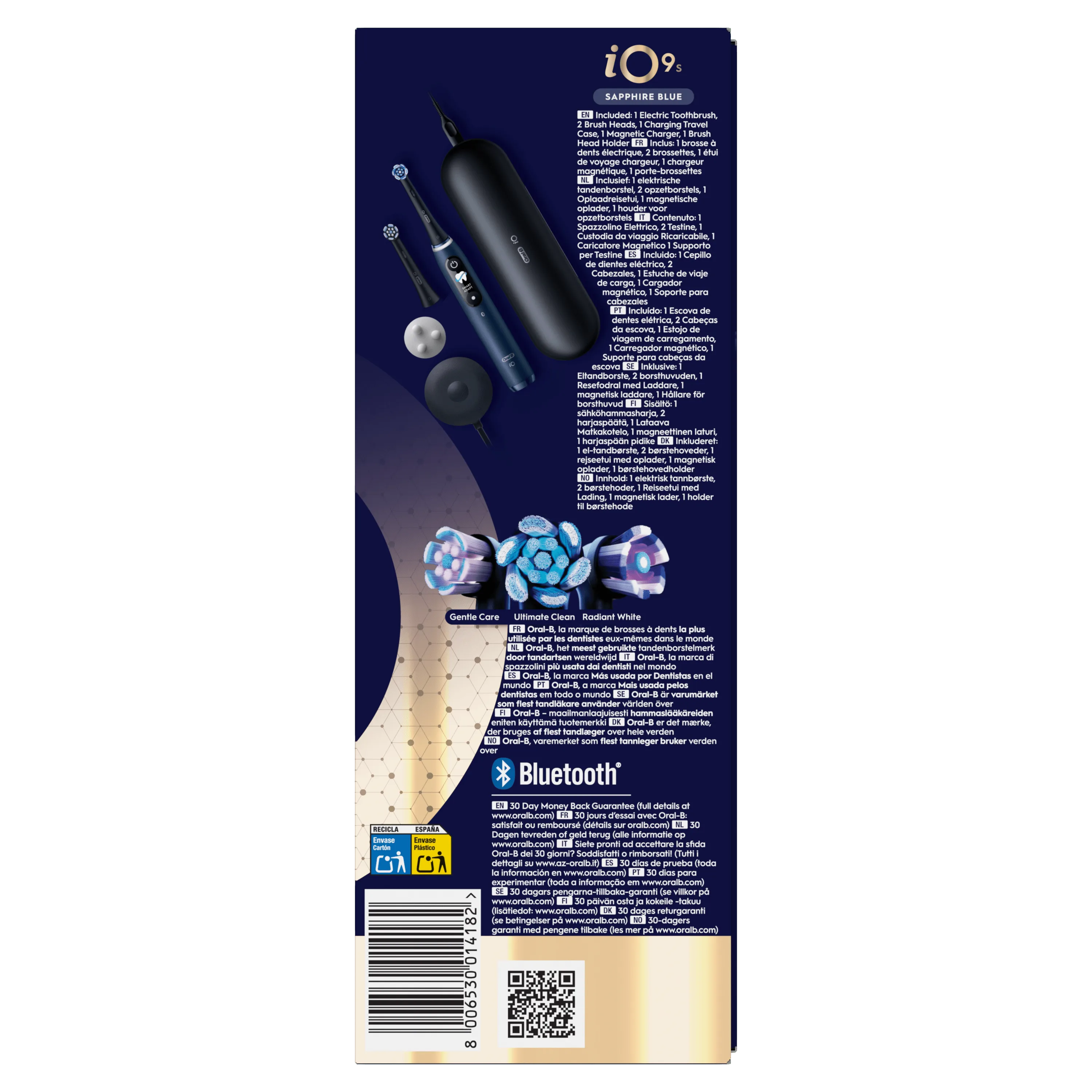 Brosse à dents électrique Oral-B iO9 Sapphire Blue avec son étui de voyage, chargeur magnétique et deux brossettes inclus.