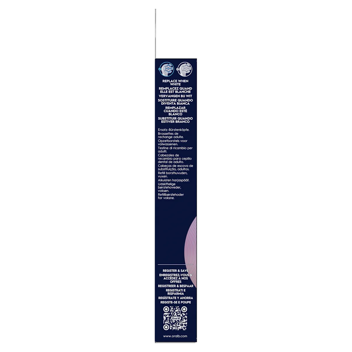 Oral-B emballage de têtes de brosse de rechange indiquant Remplacez quand elle est blanche en plusieurs langues.