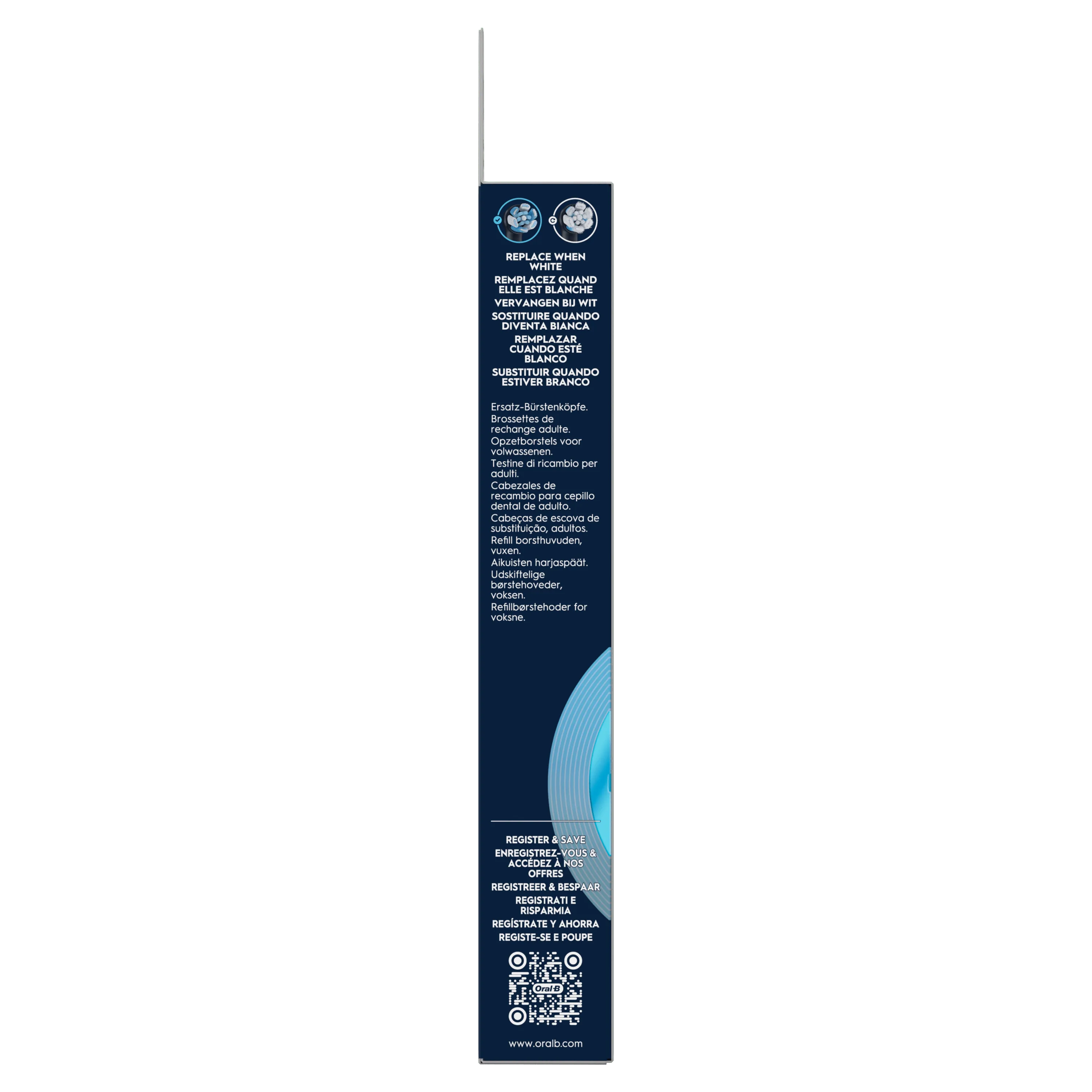 Oral-B brossettes de rechange, emballage indiquant de remplacer la brossette quand elle est blanche.