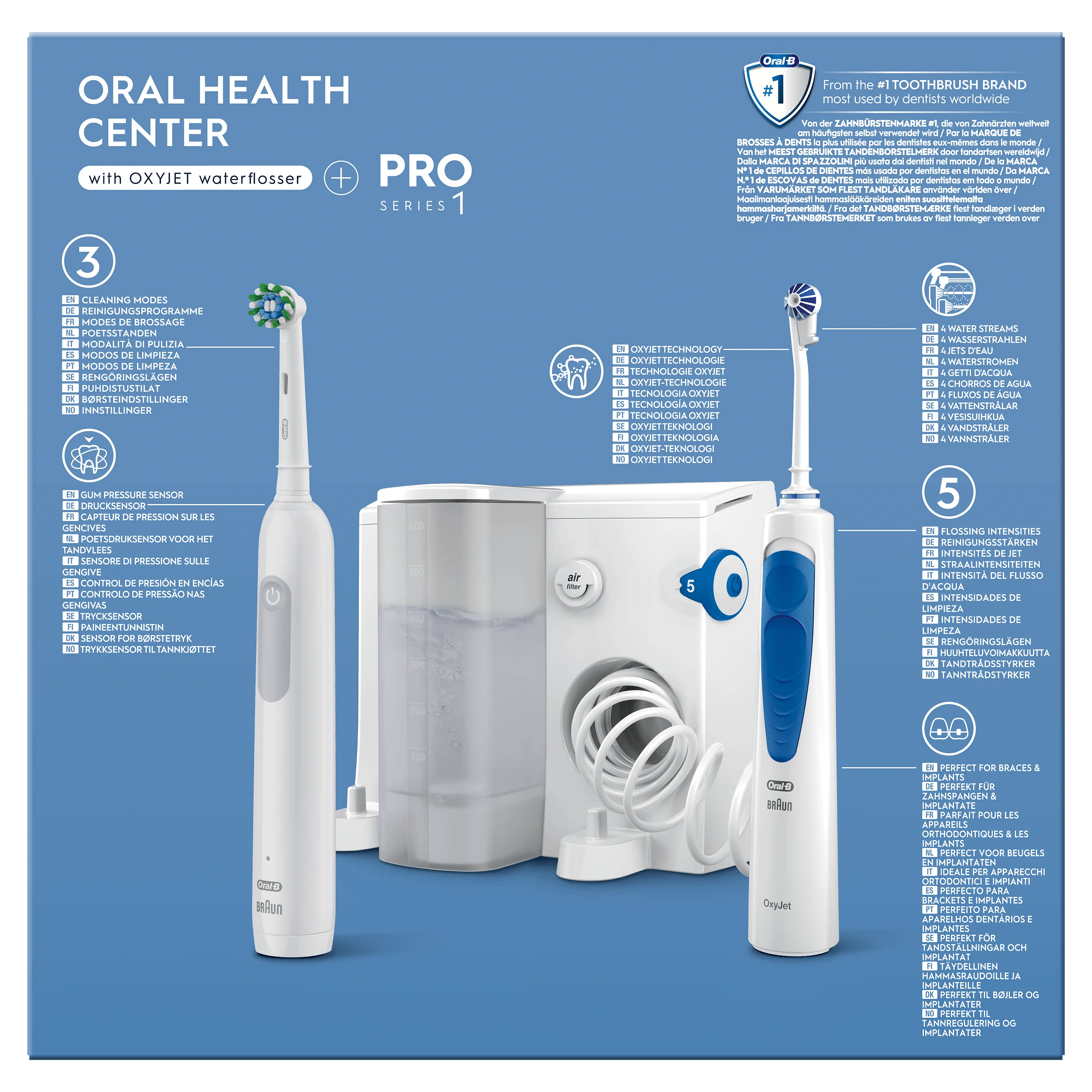 Oral-B Oral Health Center avec hydropulseur Oxyjet, vantant la technologie Oxyjet et parfait pour les appareils orthodontiques et les implants.