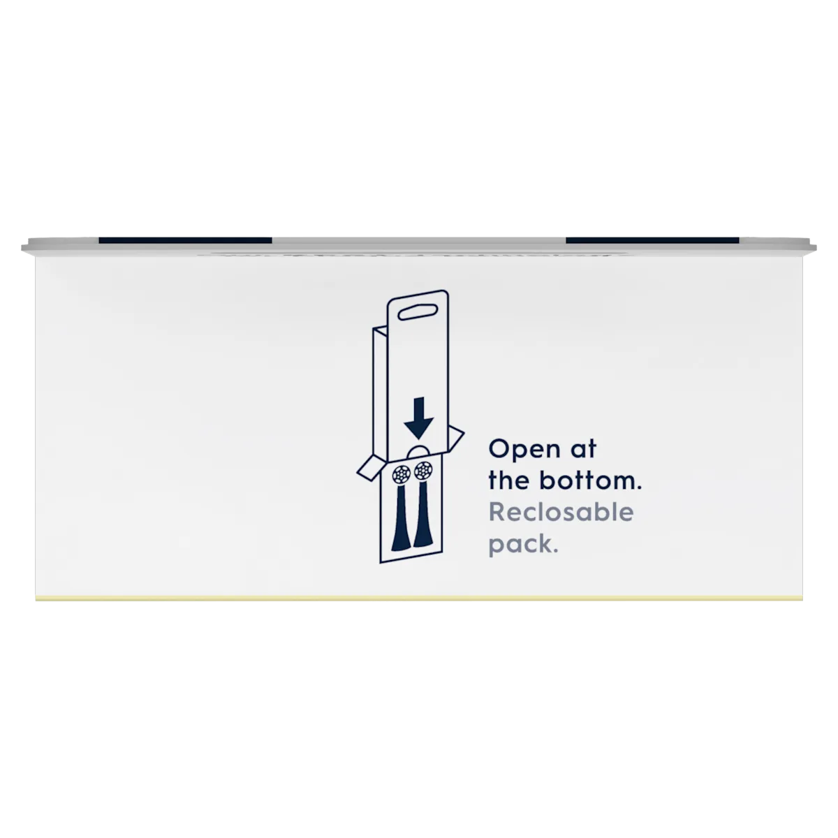Oral-B, emballage indiquant Ouvrir par le bas. Emballage refermable avec une illustration de l’ouverture.