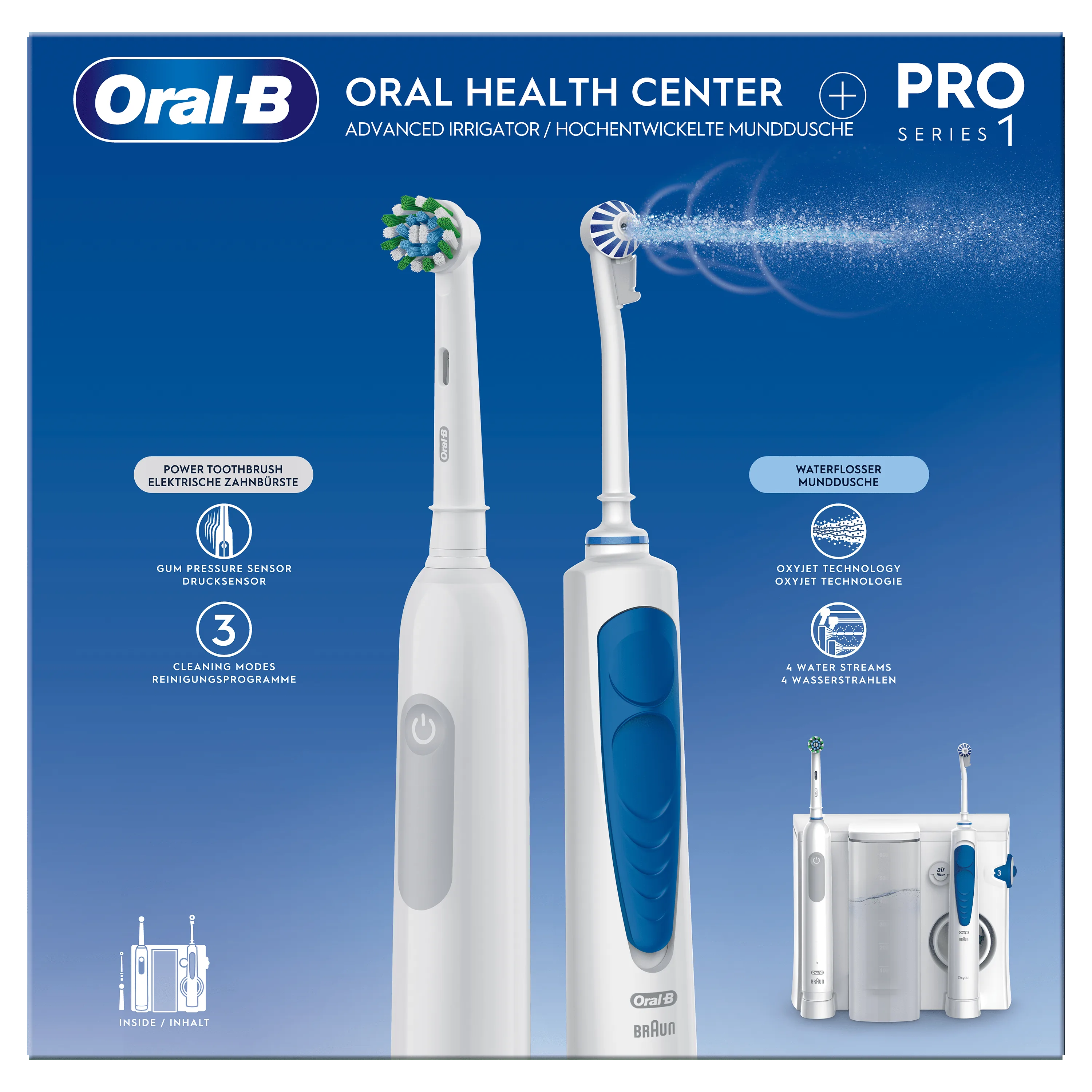 Oral-B Oral Health Center Pro Series 1, avec brosse à dents électrique et irrigateur, mettant en avant la technologie Oxyjet.