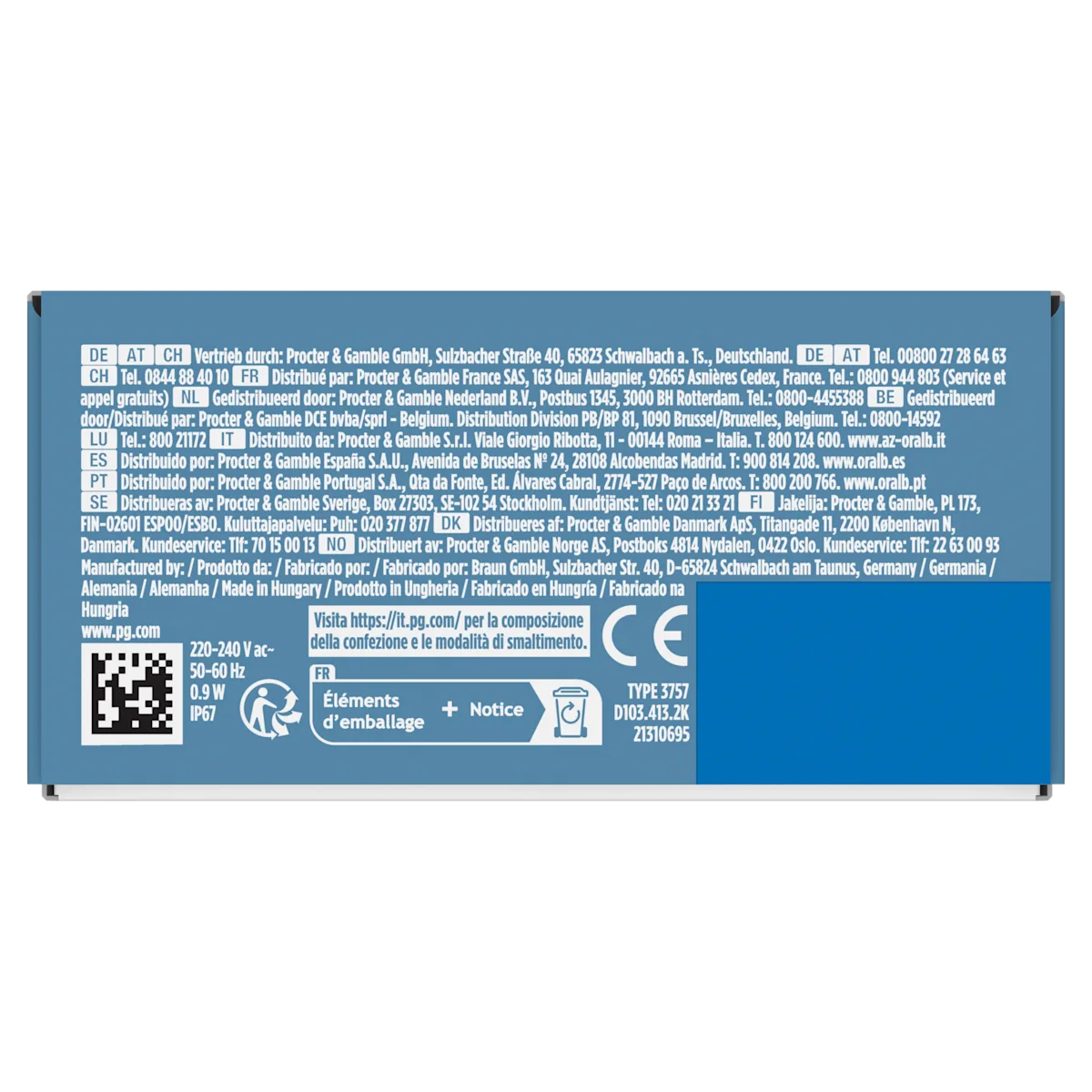 Informations sur lâemballage mentionnant la composition, le recyclage, la tension, le modèle et les pays de distribution.