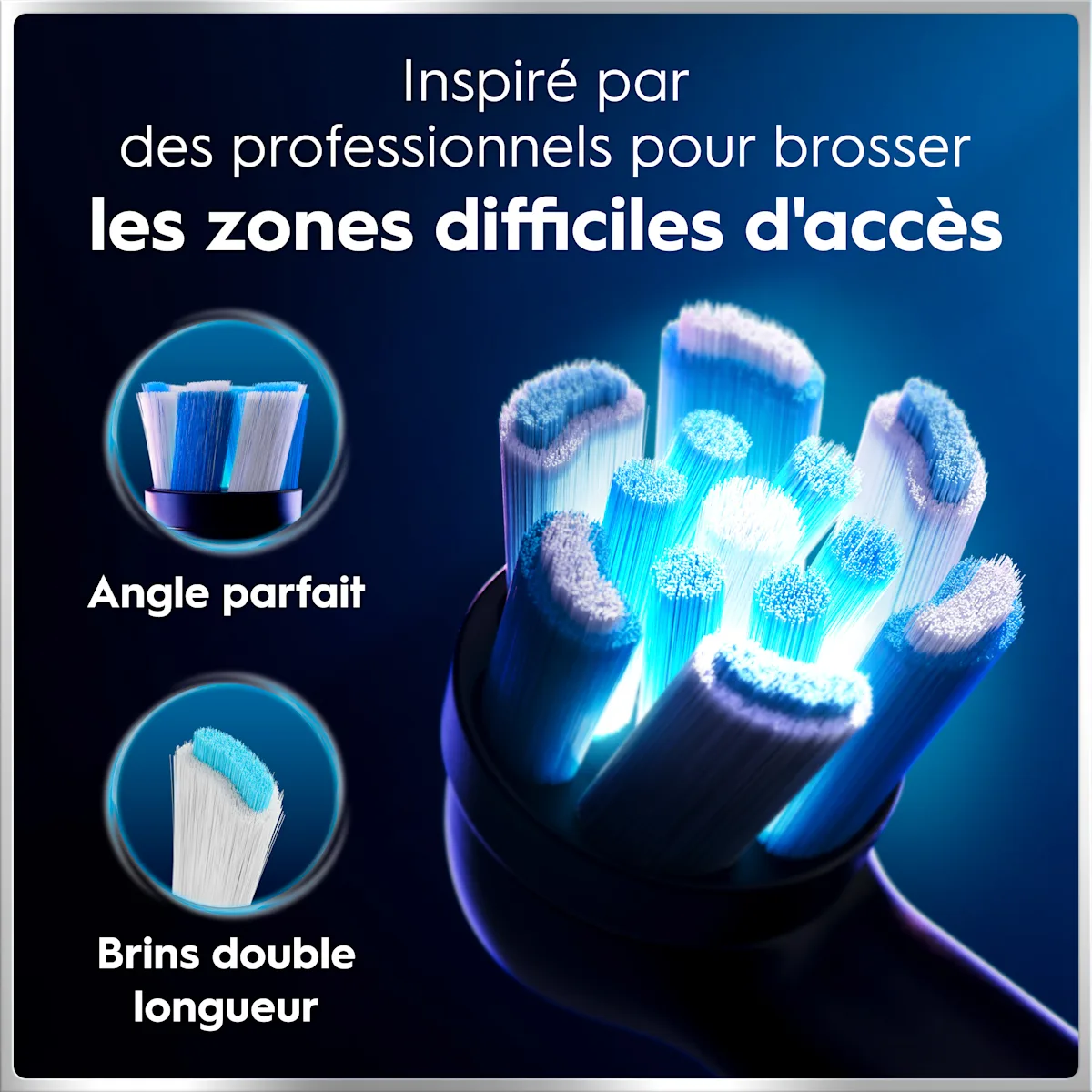 Brossette ronde Oral-B iO nettoyant les espaces interdentaires, le sillon gingival et les molaires du fond.