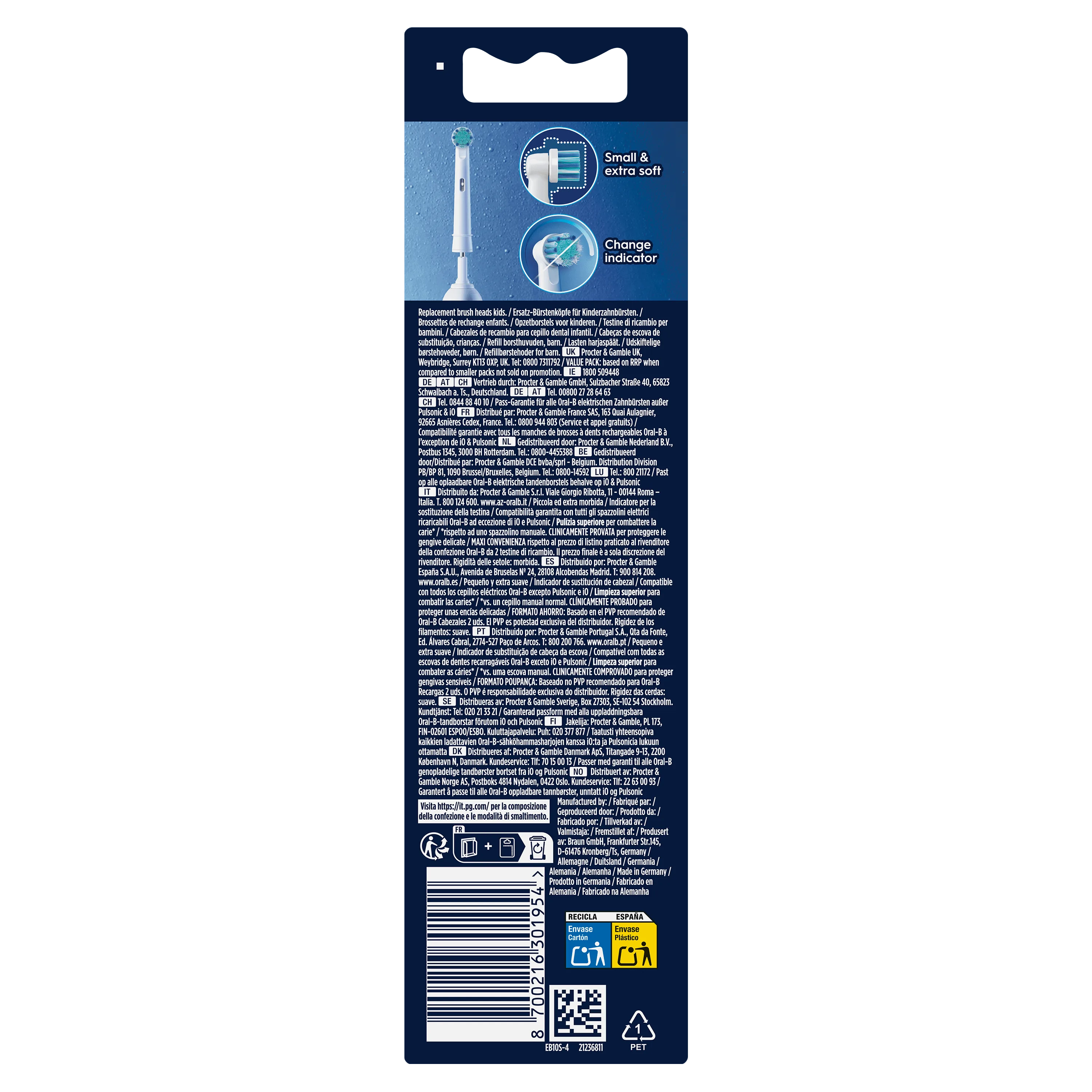 Oral-B têtes de brosse de remplacement pour enfants, soulignant les poils "Small & extra soft" et l'indicateur de changement de couleur.