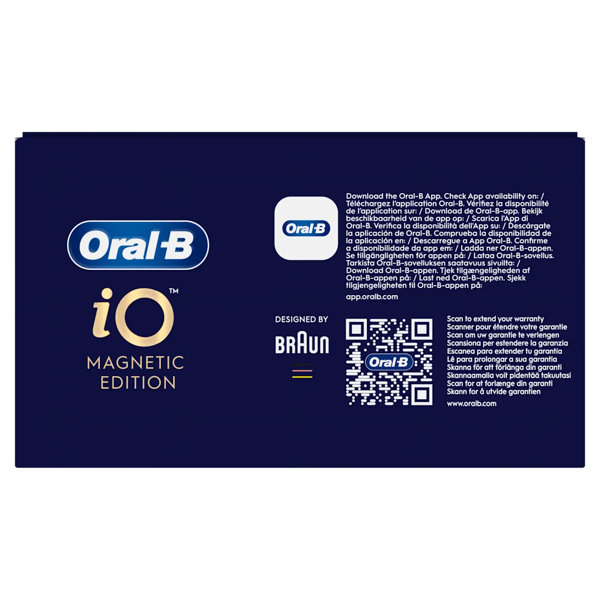 Oral-B iO Magnetic Edition, emballage mettant en avant le téléchargement de l'application Oral-B et l'extension de garantie via scan QR.
