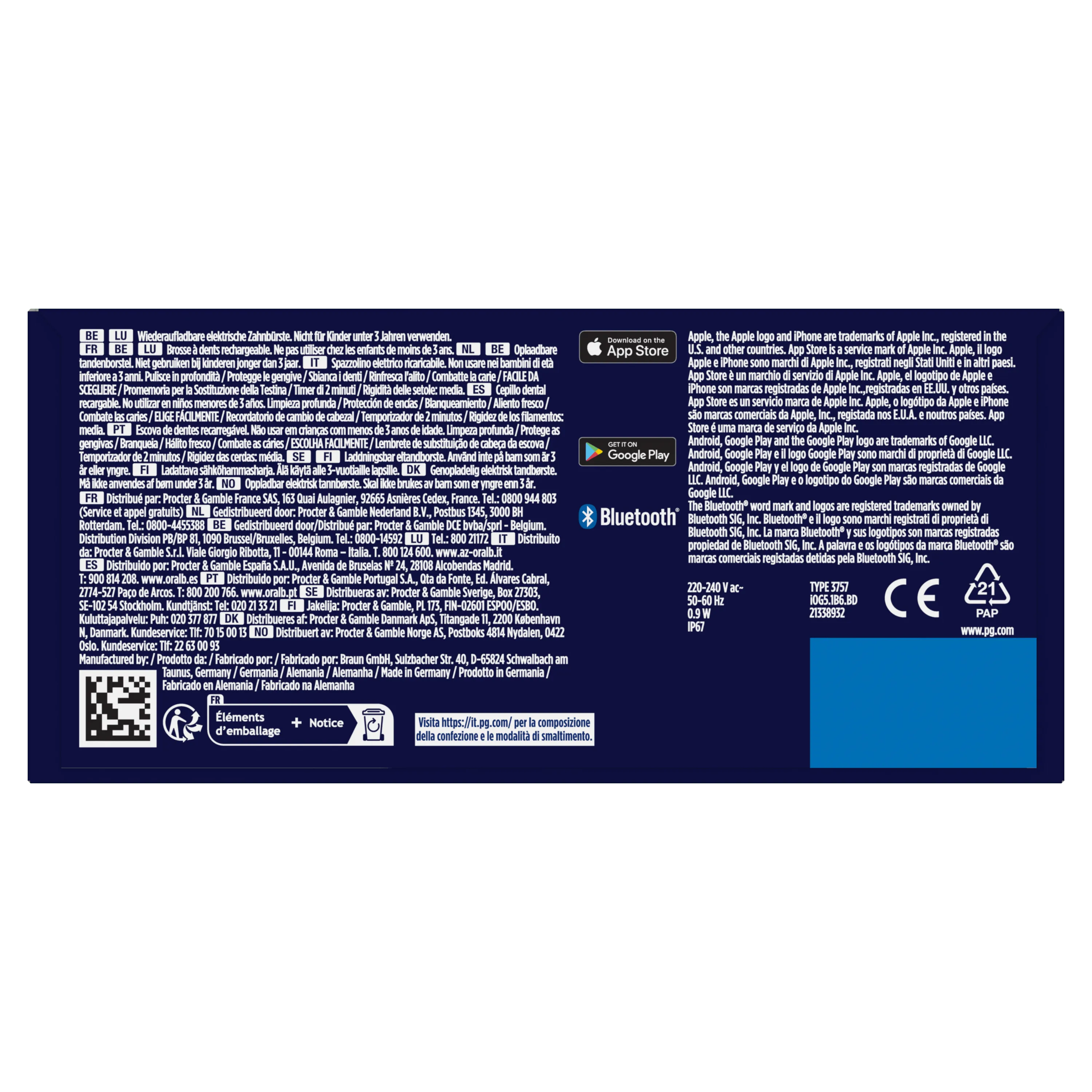 Oral-B brosse à dents rechargeable, emballage mettant en avant Brosse en profondeur, protège les gencives, et blanchit les dents.