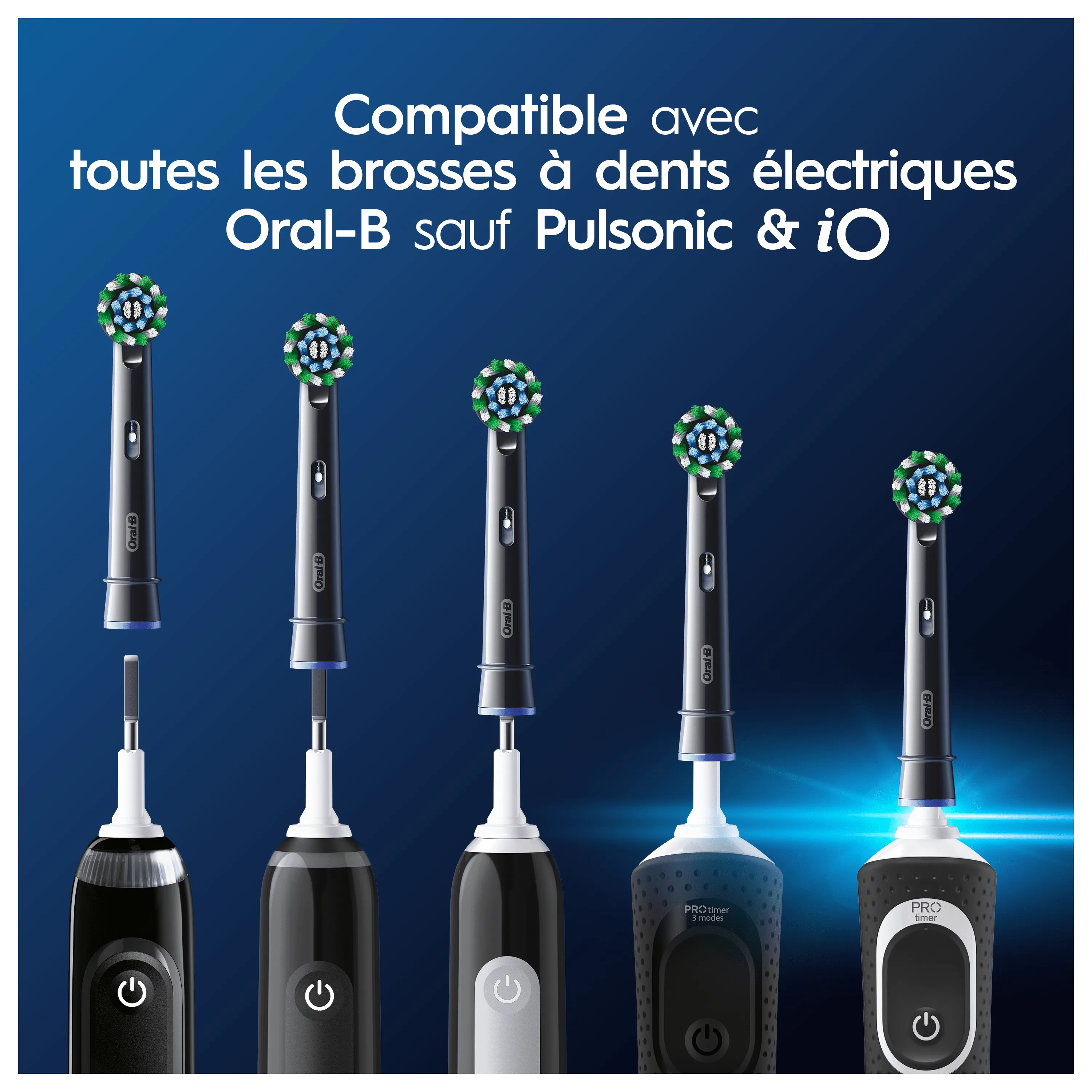 Compatibilité des brossettes Oral-B illustrée avec plusieurs modèles de brosses à dents électriques Oral-B, sauf Pulsonic et iO.