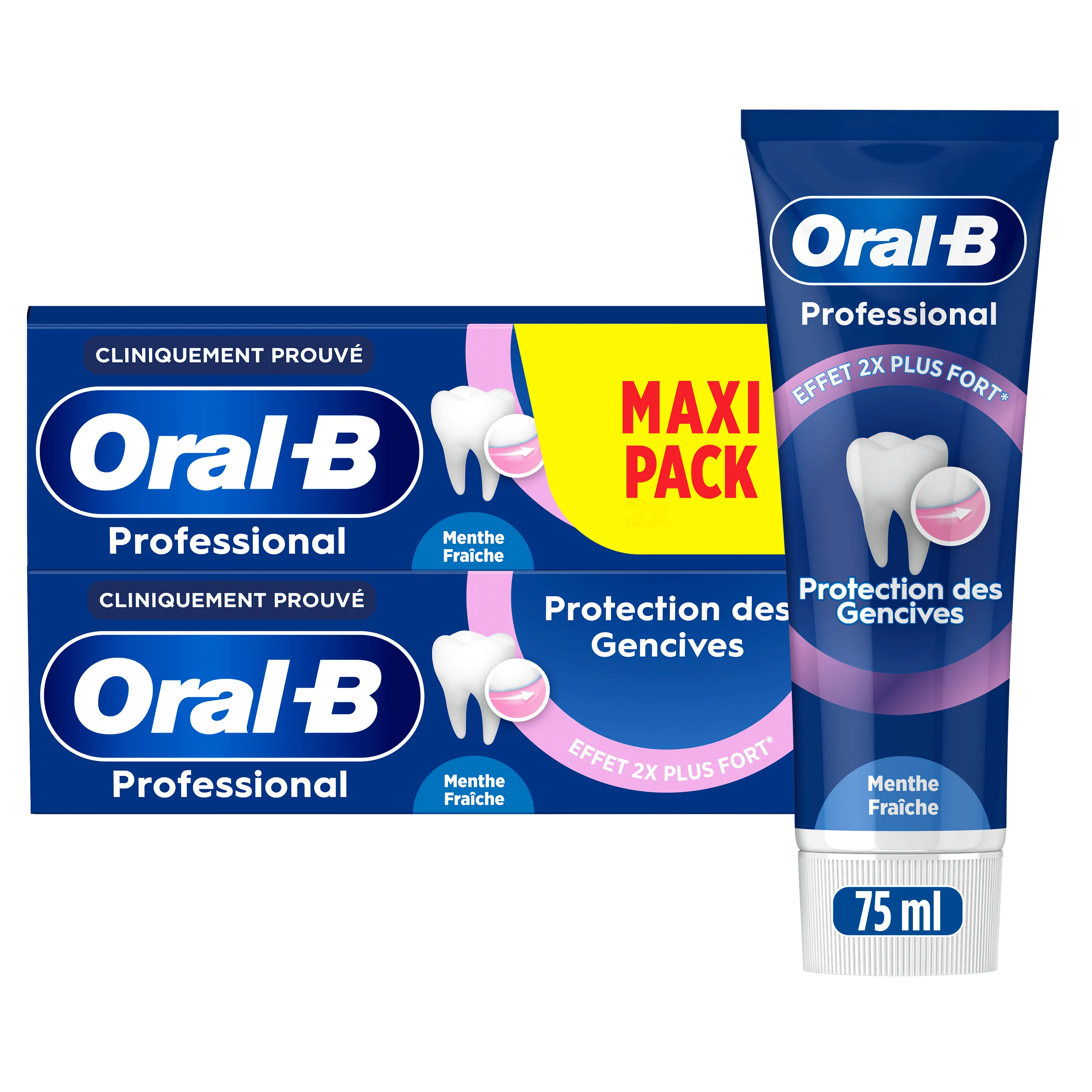 Oral-B Professional, pack double et tube individuel, mettant en avant la "Protection des Gencives" et un "Effet 2x Plus Fort".