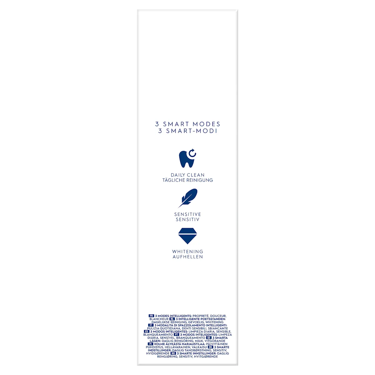 Oral-B, emballage mettant en avant les 3 modes intelligents : propreté, douceur et blancheur.