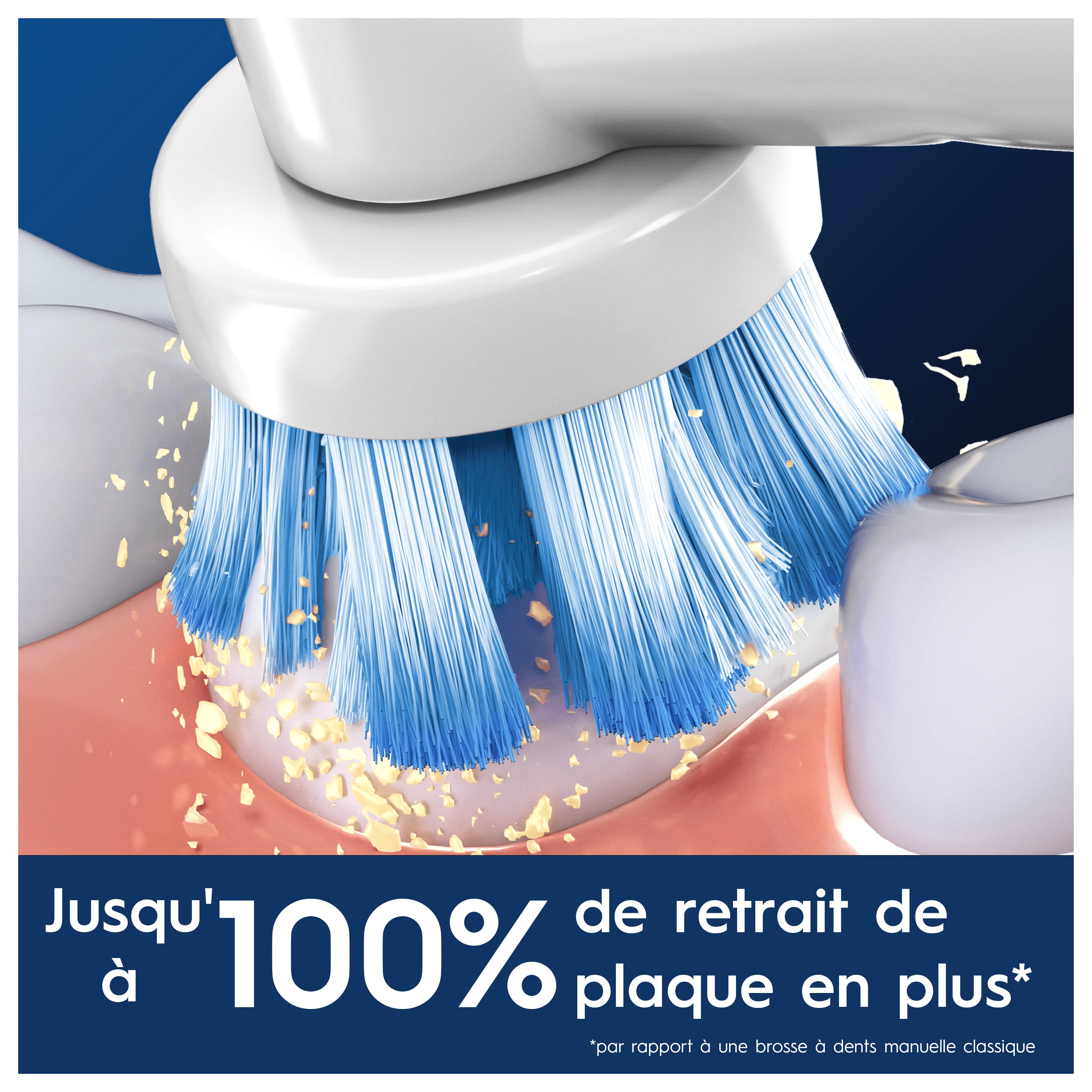 Brossette Oral-B en action, démontrant jusqu'à 100% de retrait de plaque en plus qu'une brosse à dents manuelle classique.