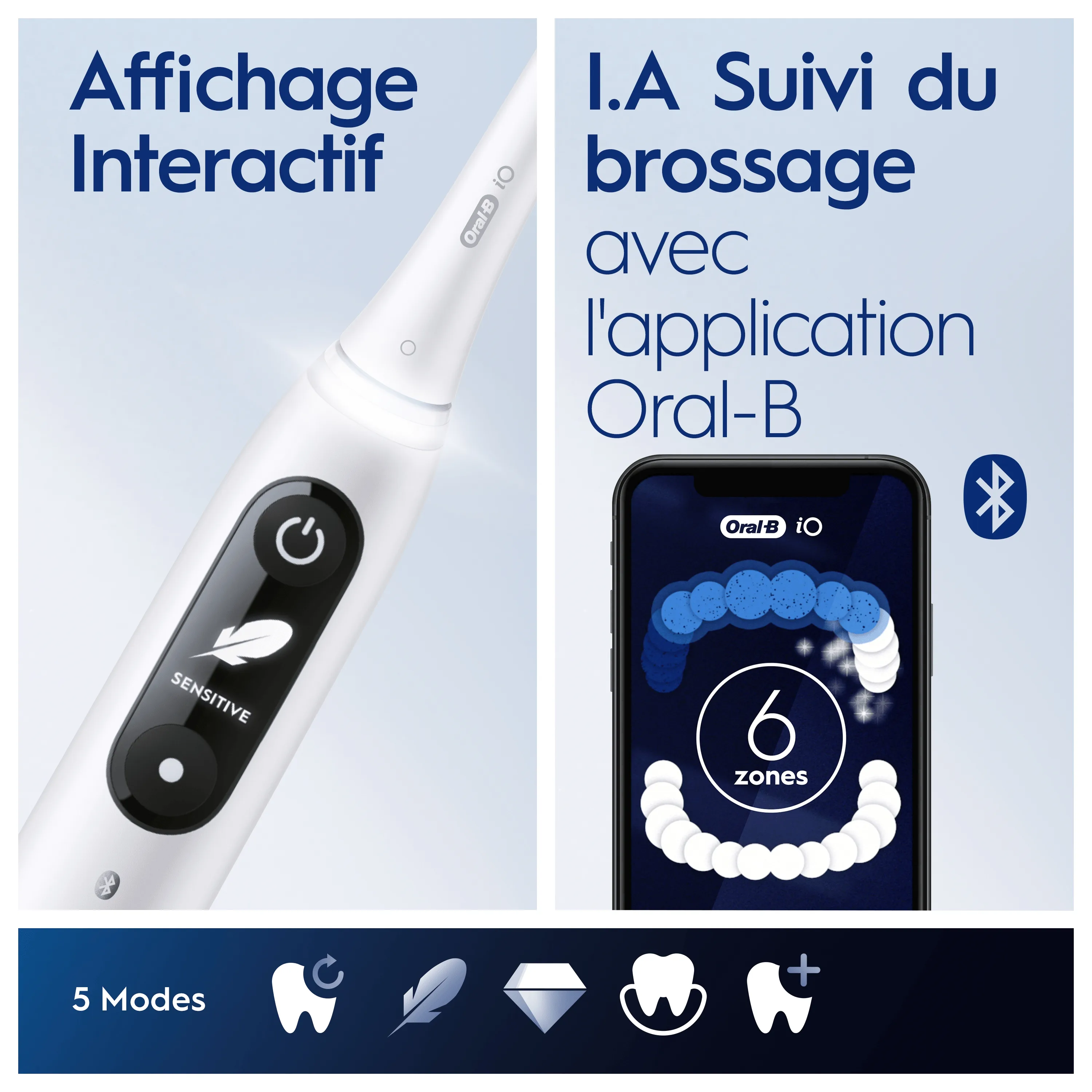 Suivi du brossage Oral-B iO via l'application, montrant une couverture de 6 zones pour un nettoyage complet.