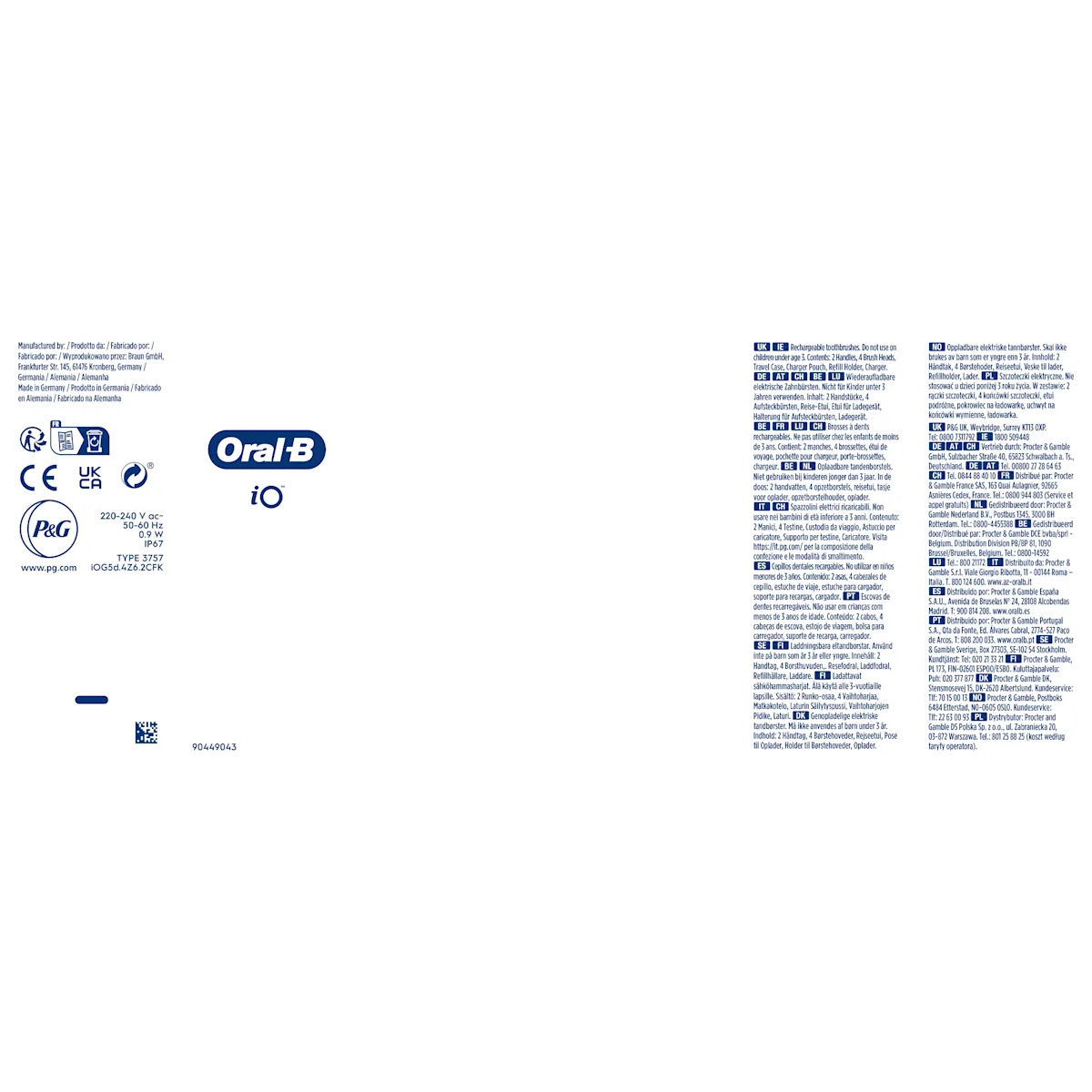 Oral-B iO, emballage indiquant le contenu : 2 manches, 4 brossettes, étui de voyage, pochette pour chargeur, porte-brossettes et chargeur.
