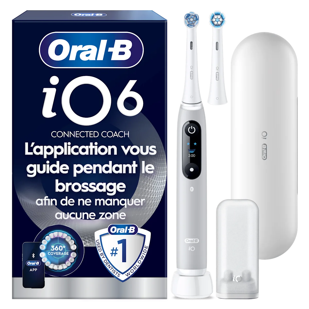 Brosse à dents Oral-B iO6 et emballage, mettant en avant le coaching par l’application.