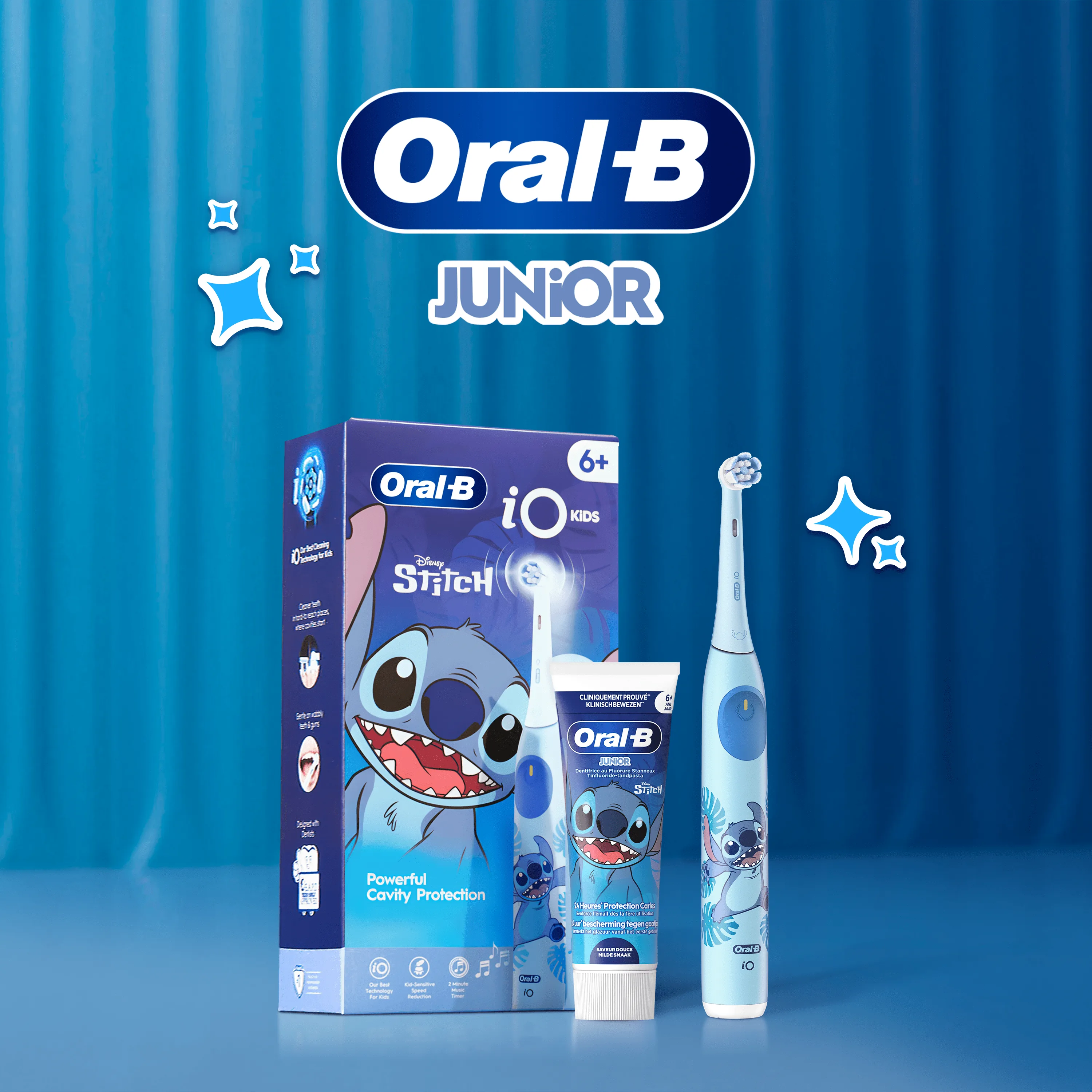 Brosse à dents iO et dentifrice Oral-B Junior avec motif Stitch.