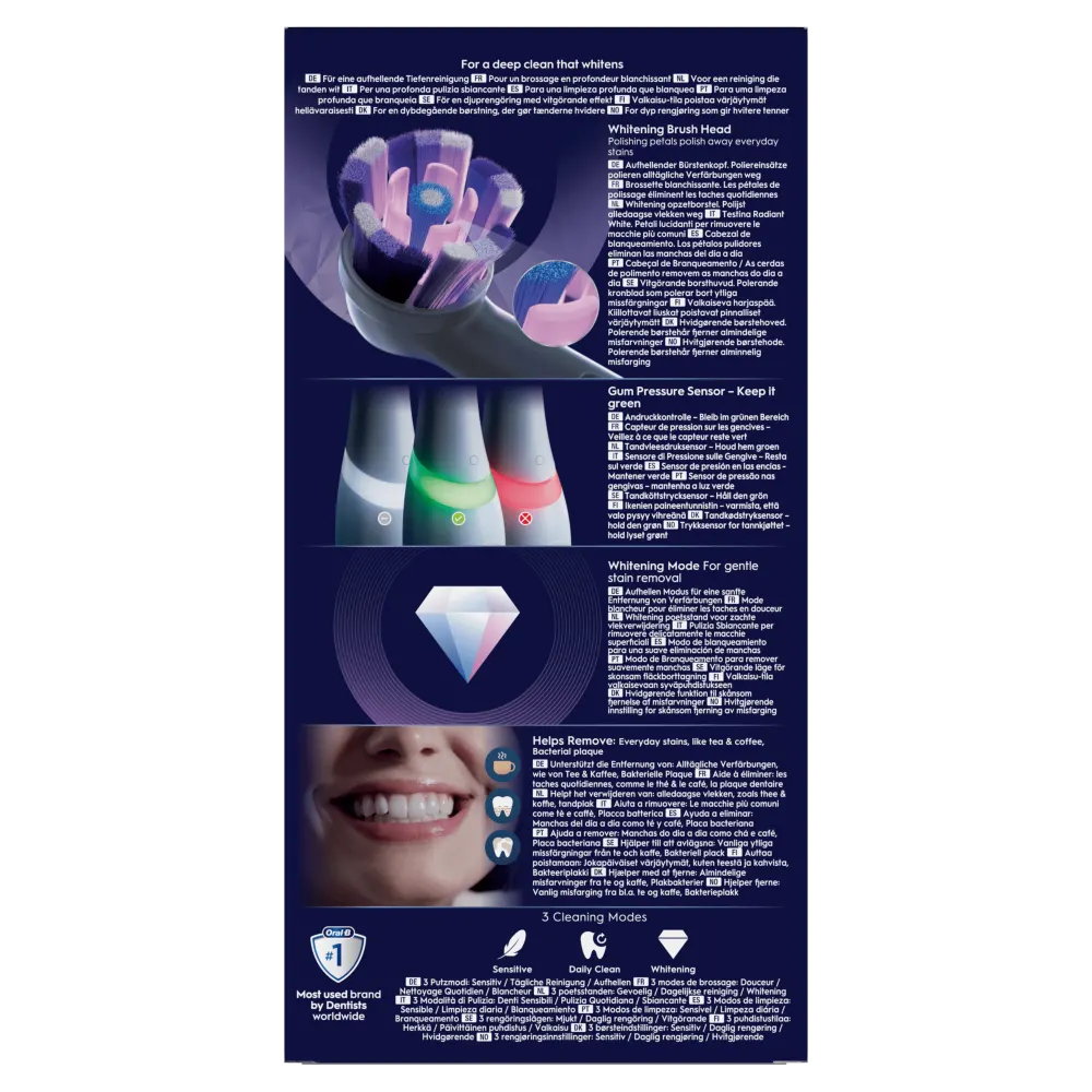 Oral-B, mettant en avant la brossette blanchissante qui polit les taches quotidiennes pour un brossage en profondeur.