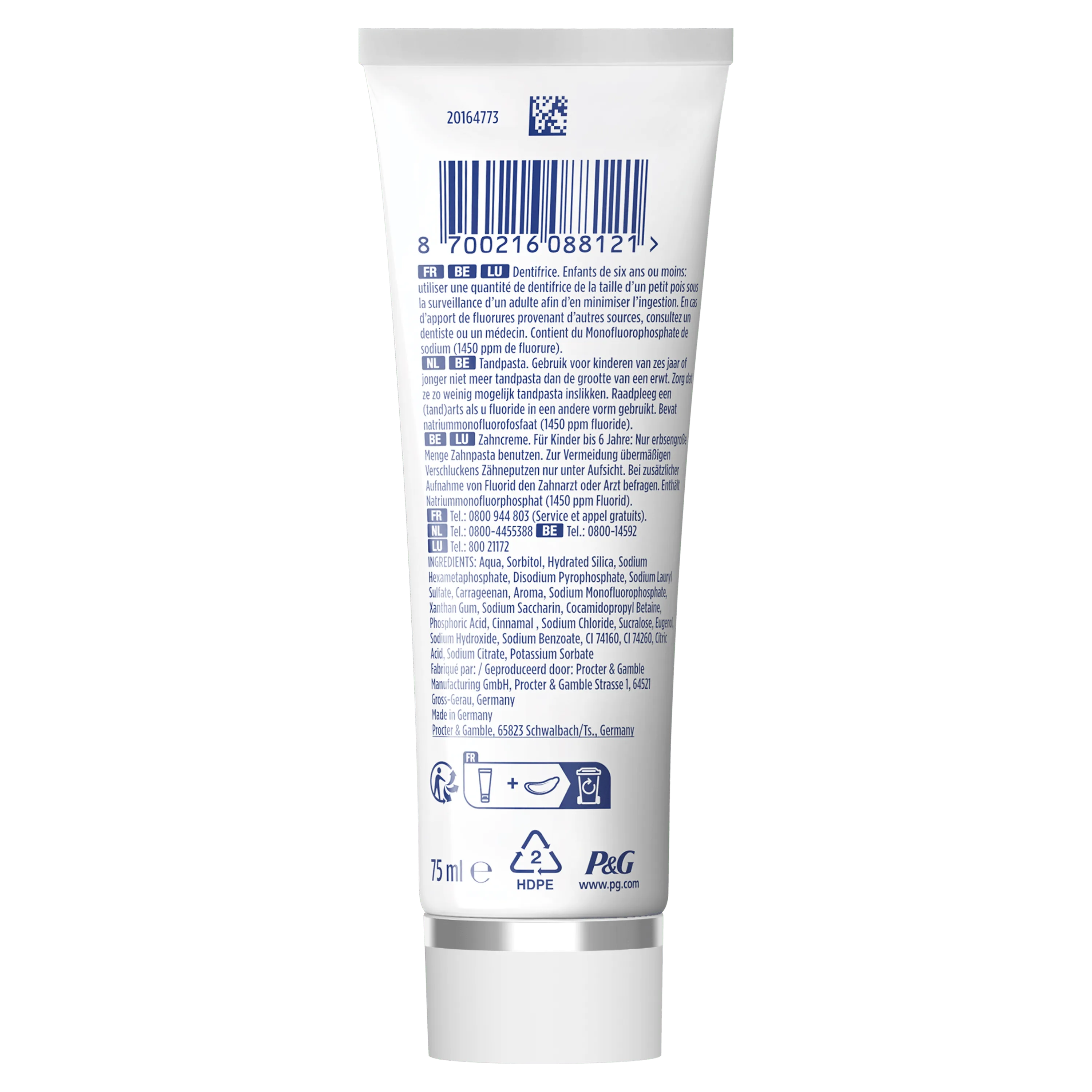 Oral-B dentifrice, montrant les instructions d'utilisation pour les enfants de moins de six ans et la composition.