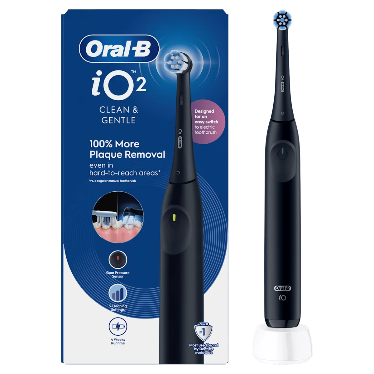 Brosse à dents Oral-B iO2 Clean & Gentle, l’emballage soulignant 100% de plaque dentaire en plus éliminée.
