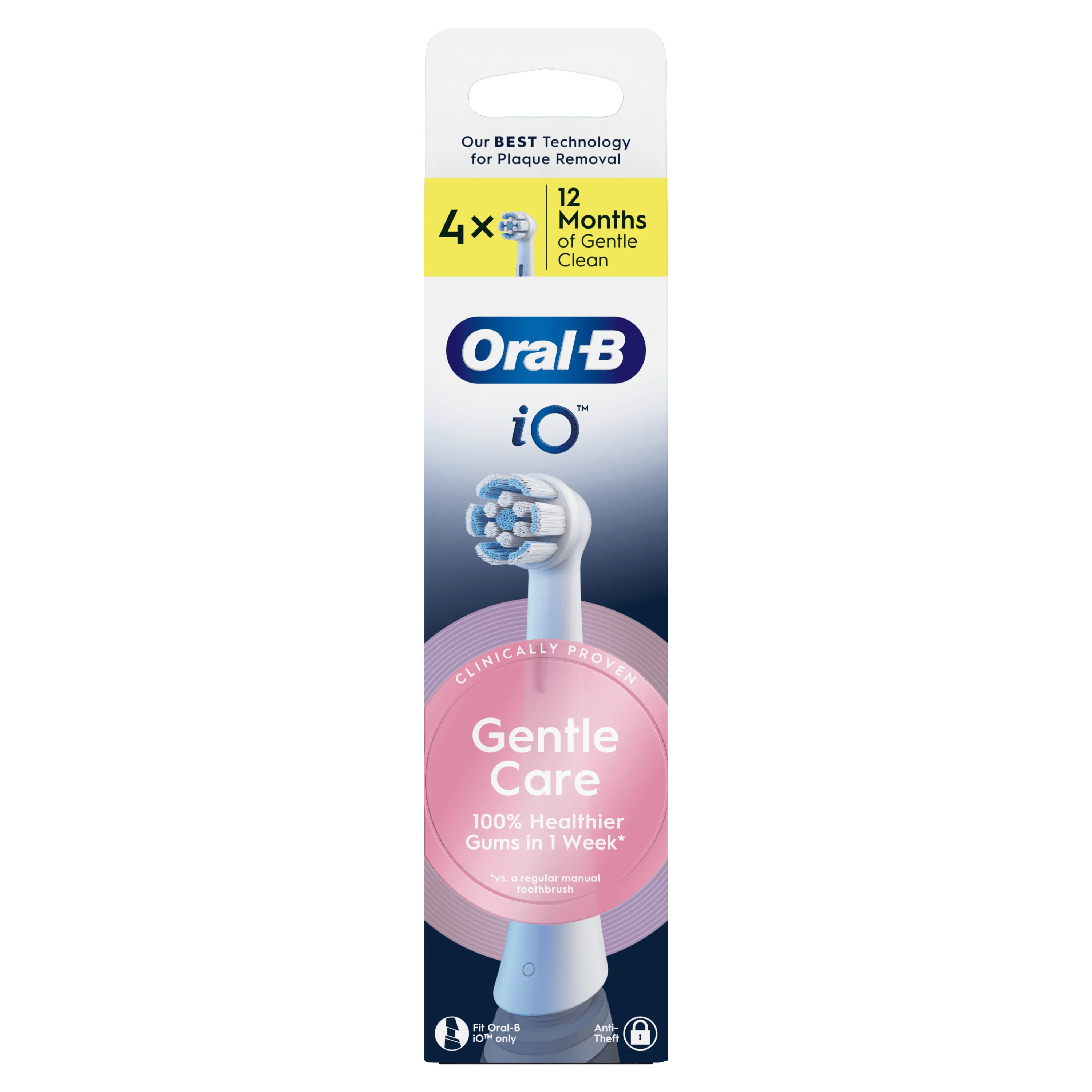 Oral-B iO brosse de remplacement, pack de 4, avec la mention 100% gencives plus saines en 1 semaine.