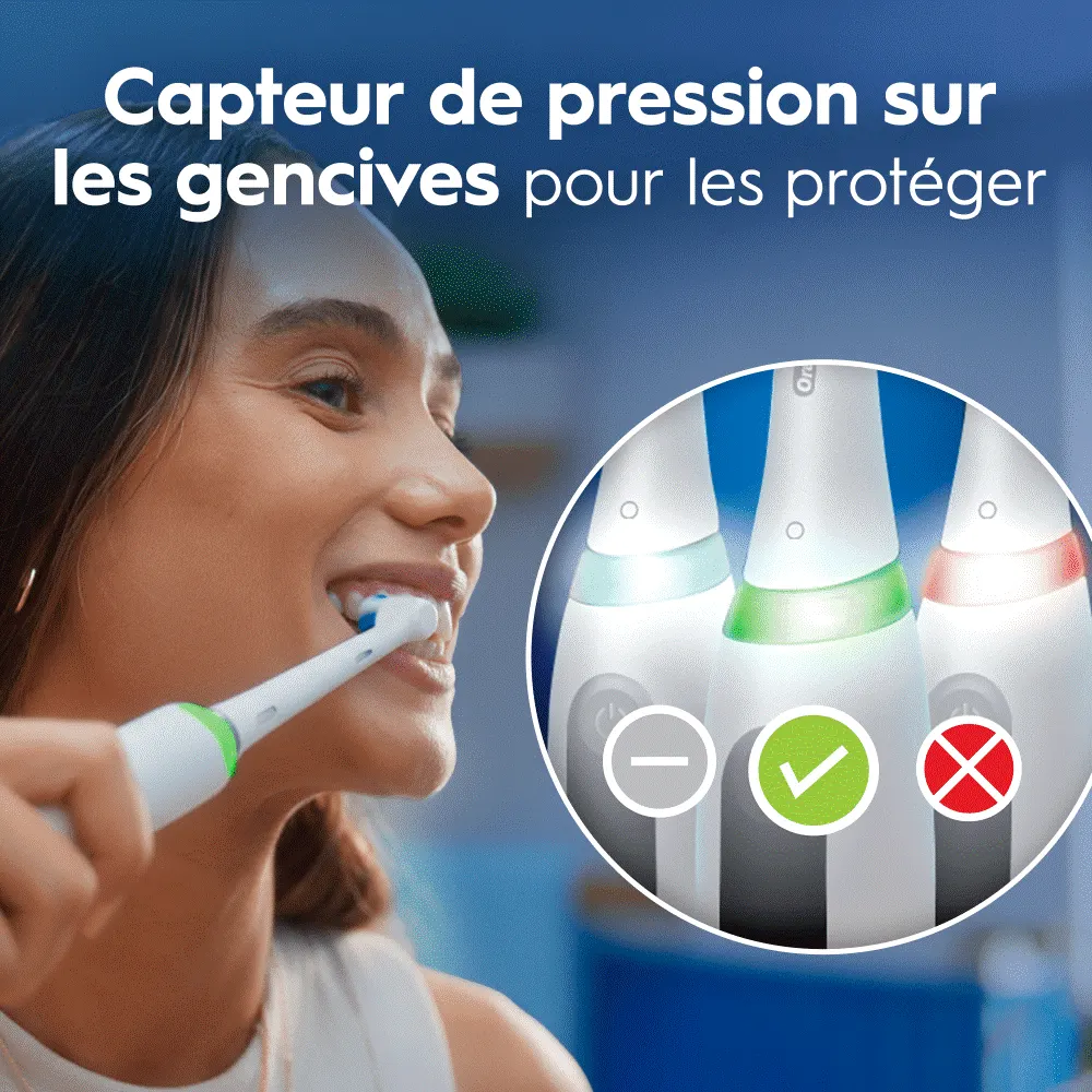 Brosse à dents électrique avec capteur de pression: vert (bon), rouge (excessif), pour protéger les gencives.
