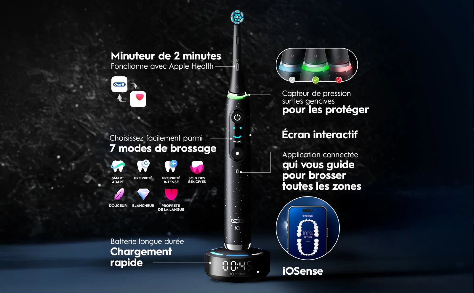 Brosse à dents électrique avec minuteur, capteur de pression et compatibilité Apple Health