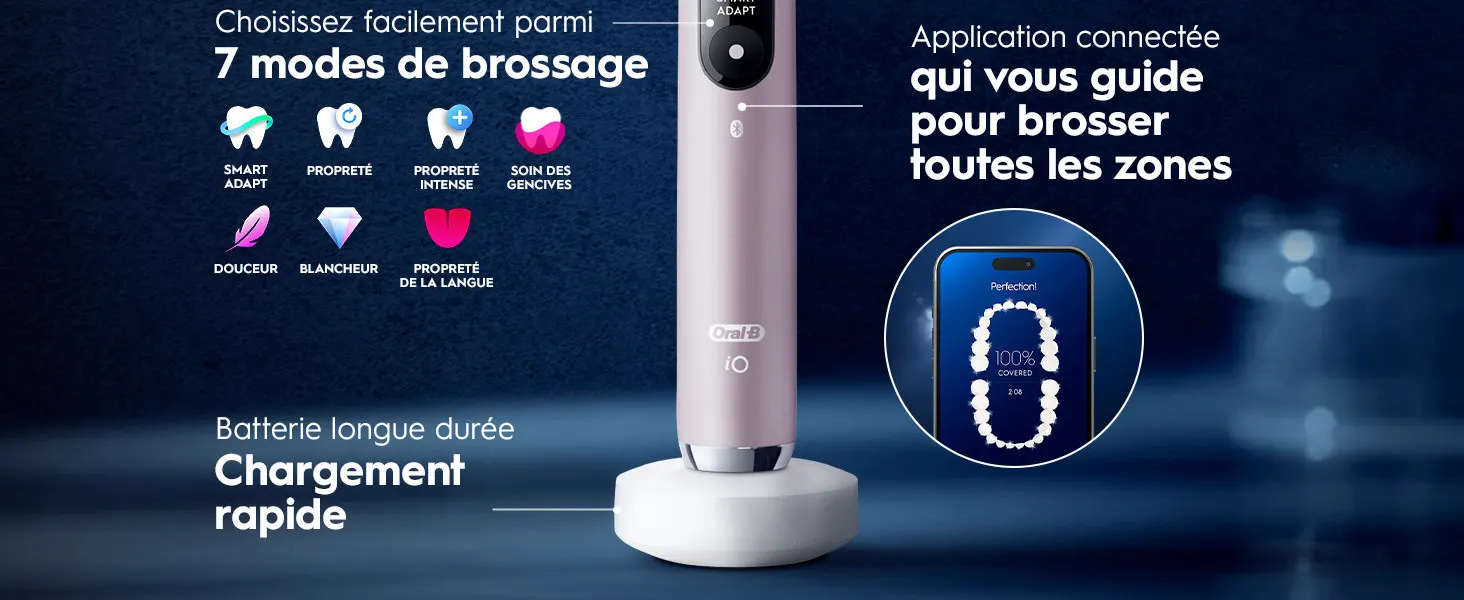Brosse à dents électrique avec 7 modes, application connectée et charge rapide. 