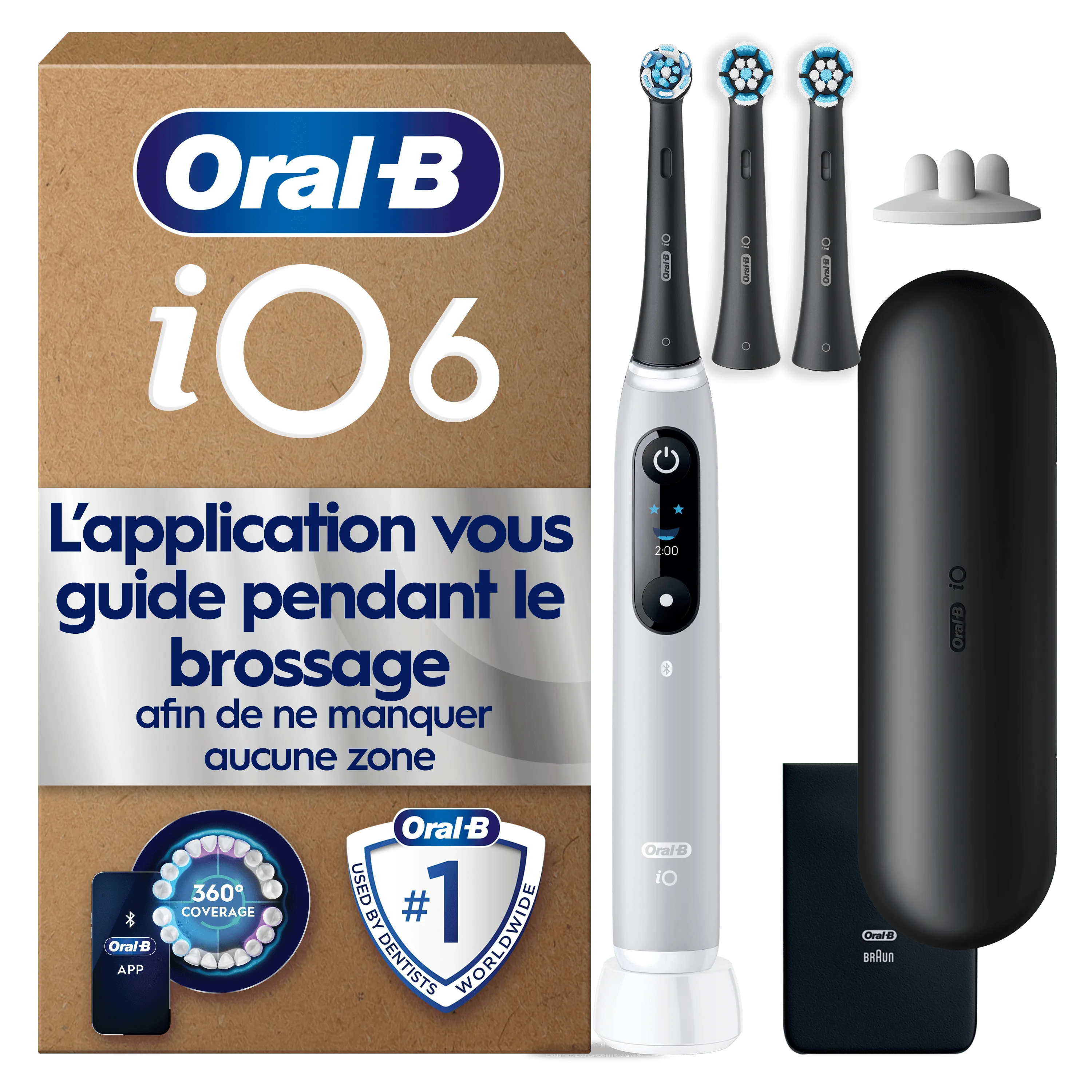 Brosse à dents électrique Oral-B iO6, l’emballage met en avant le guidage de l’application pour un brossage complet.
