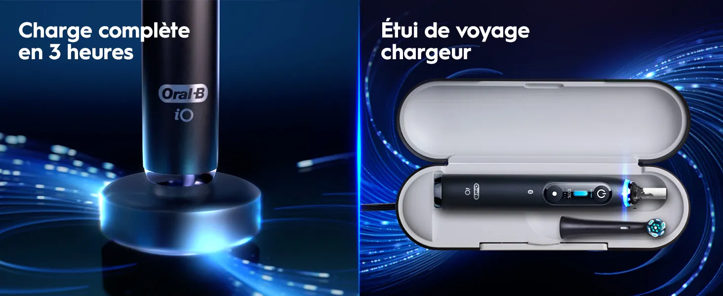 Brosse à dents Oral-B iO avec charge rapide de 3 heures et étui de voyage chargeur. 
