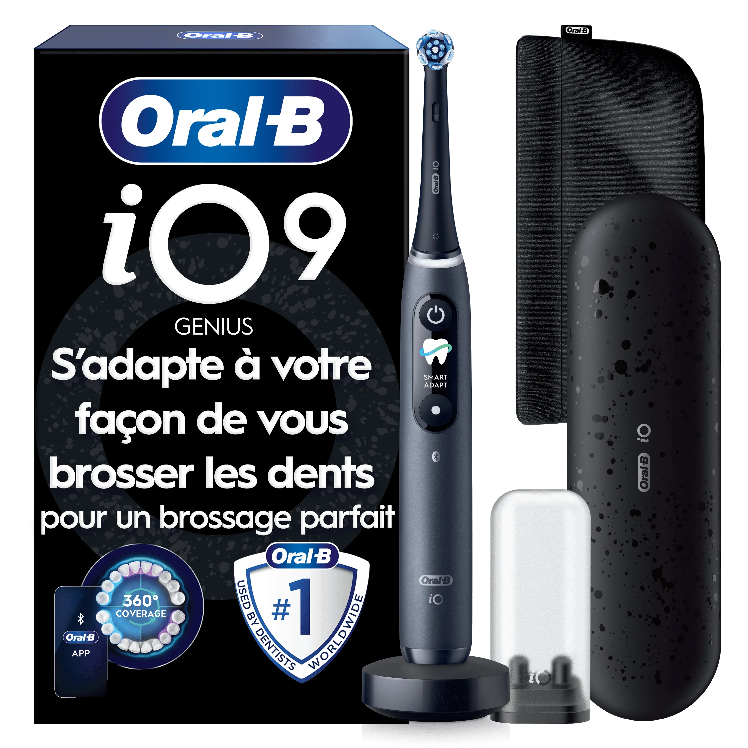 Brosse à dents Oral-B iO9 Genius et ses accessoires, soulignant l’adaptation pour un brossage parfait.