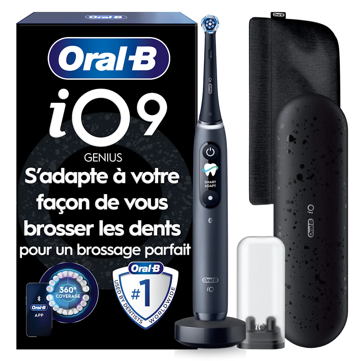 Brosse à dents Oral-B iO9 Genius et ses accessoires, soulignant l’adaptation pour un brossage parfait.