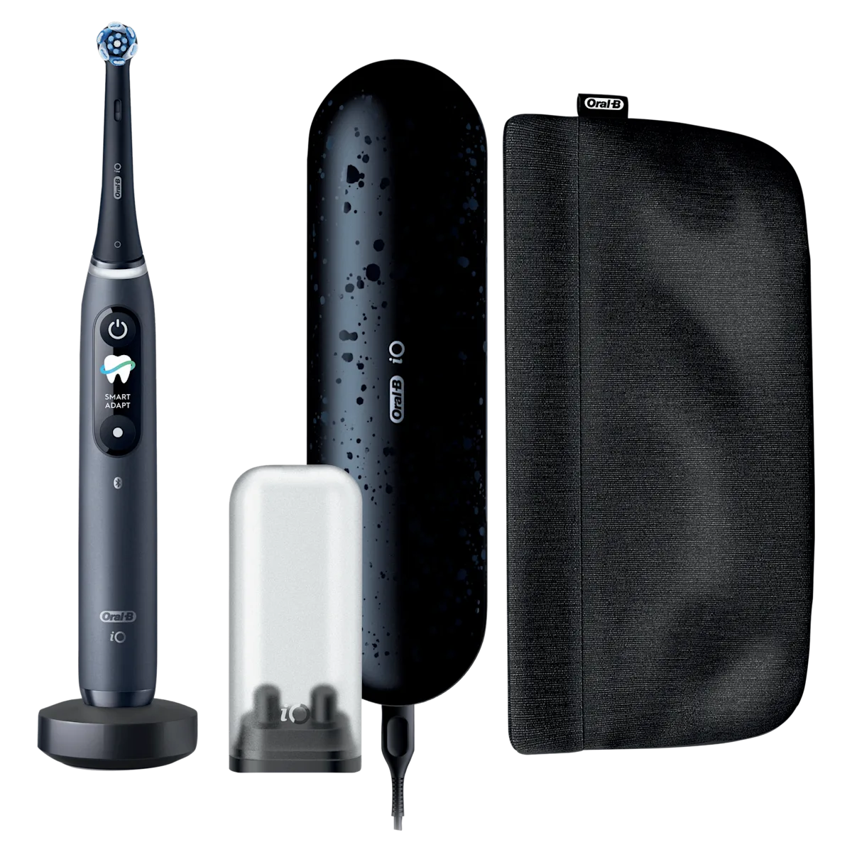 Brosse à dents électrique Oral-B iO affichant SMART ADAPT, avec son étui de voyage et chargeur.