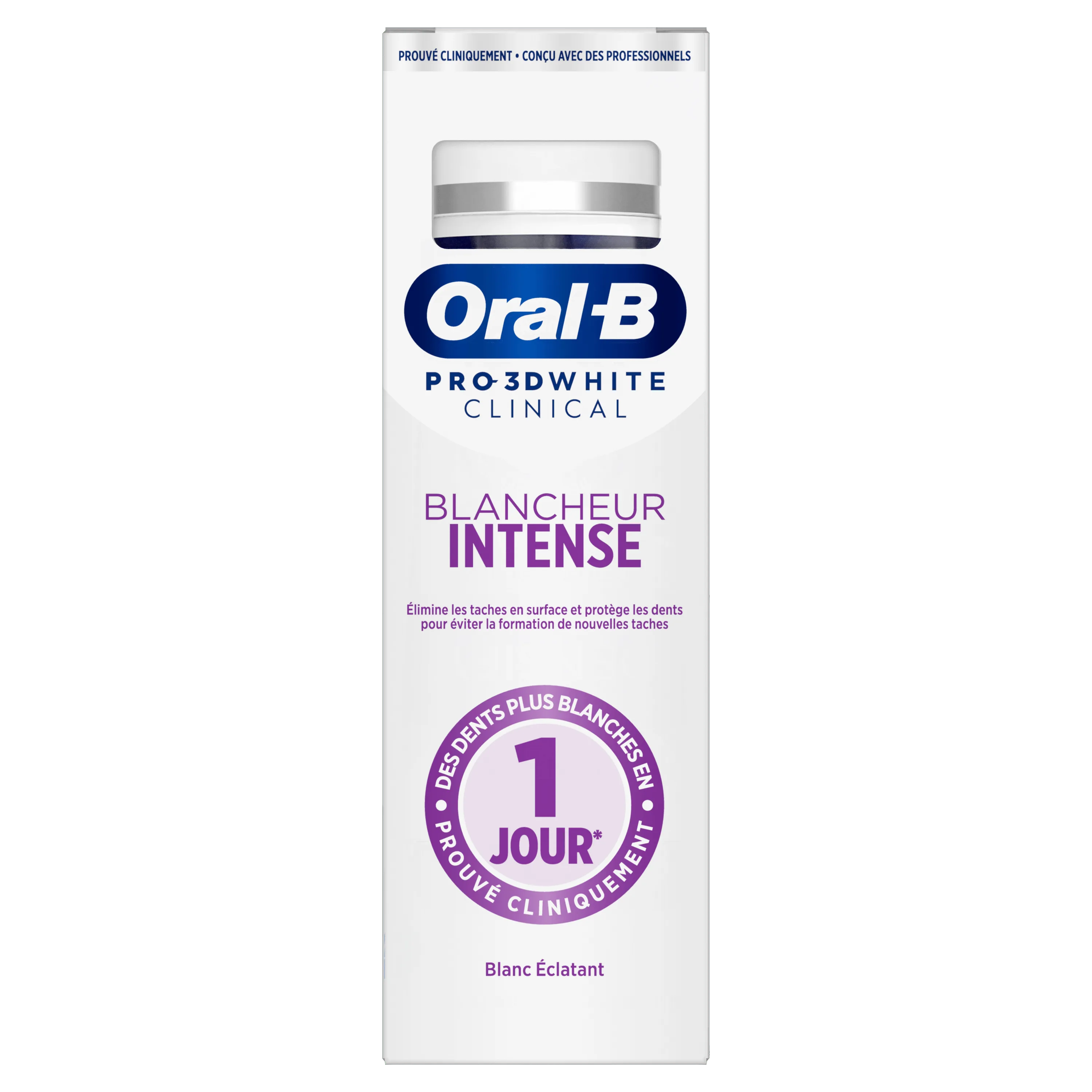 Oral-B Pro-3D White Clinical, emballage mettant en avant une blancheur intense et des dents plus blanches en 1 jour.