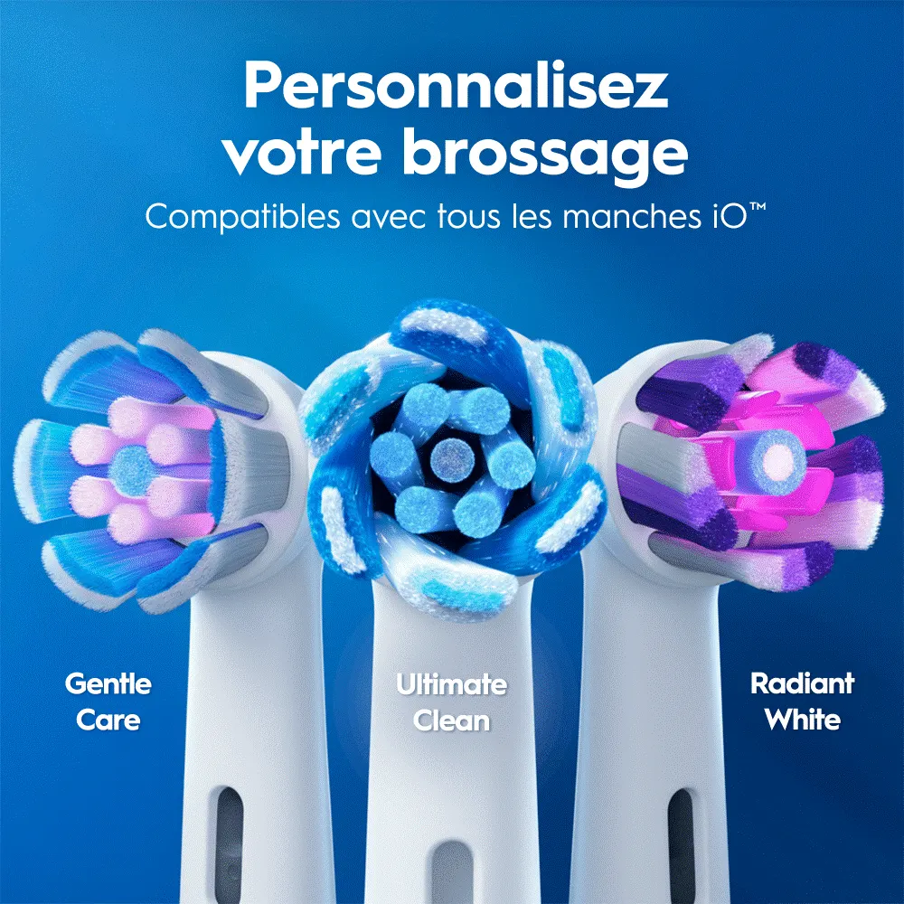 Trois têtes de brosse à dents électriques colorées : Gentle Care, Ultimate Clean et Radiant White, compatibles avec les manches iO.