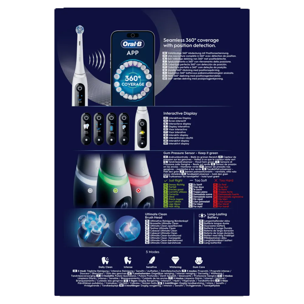 Oral-B iO, avec l’application affichant une couverture à 360° et un suivi de la position.